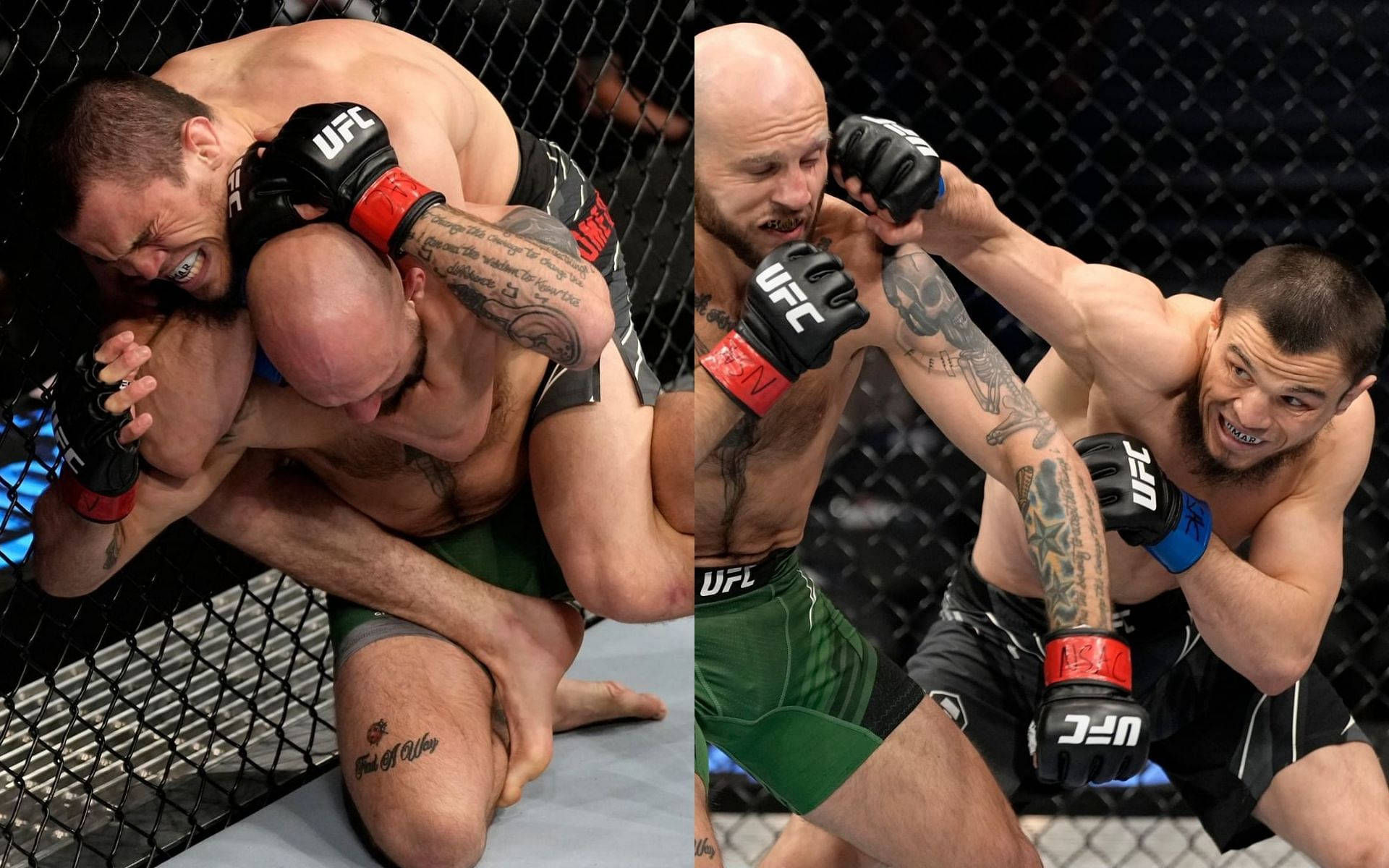 UFC 桌布 壁紙 — 兩名MMA拳手在八角籠內激烈纏鬥，紋身和UFC手套清晰可見。