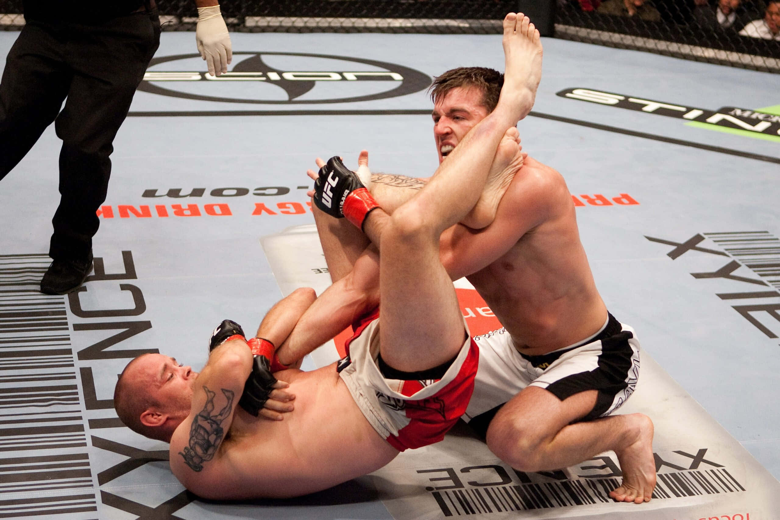 Fight 桌布 壁紙 — 兩名MMA拳手在品牌八角形墊上激烈纏鬥，裁判在旁緊密注視。