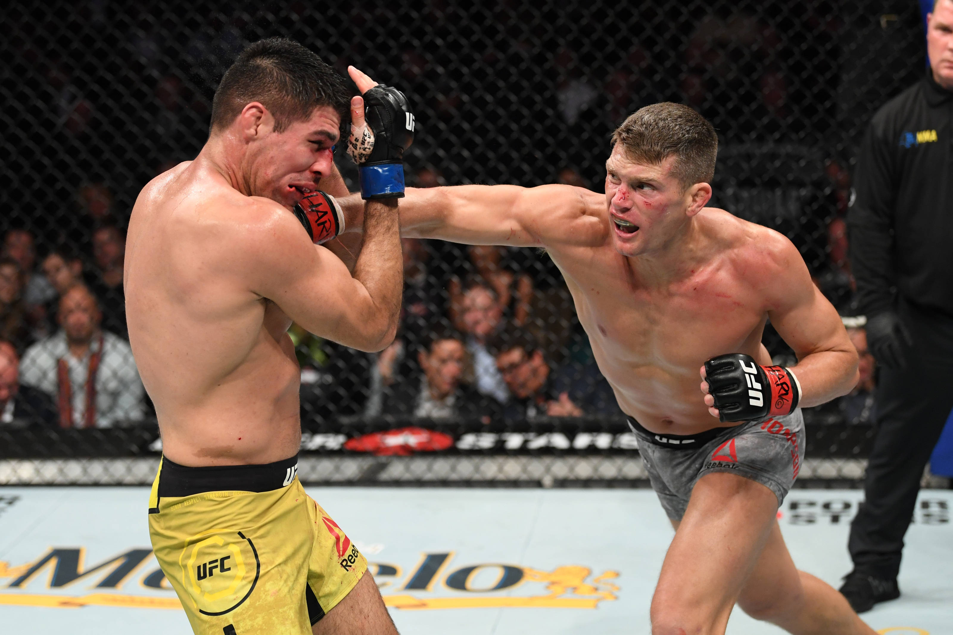 MMA 桌布 壁紙 — 兩名MMA拳手在明亮的場館燈光下，滿臉鮮血、神情專注，於激烈的鐵籠賽中交鋒。