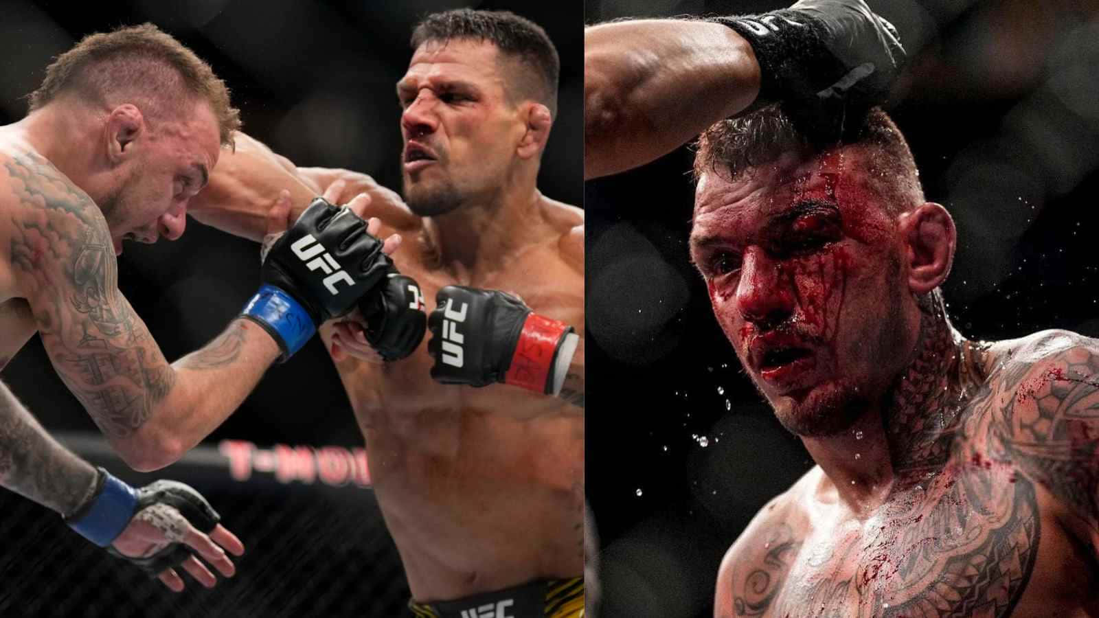 Boxing 桌布 壁紙 — 兩名MMA拳手在明亮的場館燈光下，滿臉鮮血、手臂有刺青，於一場殘酷的UFC比賽中激烈交鋒。
