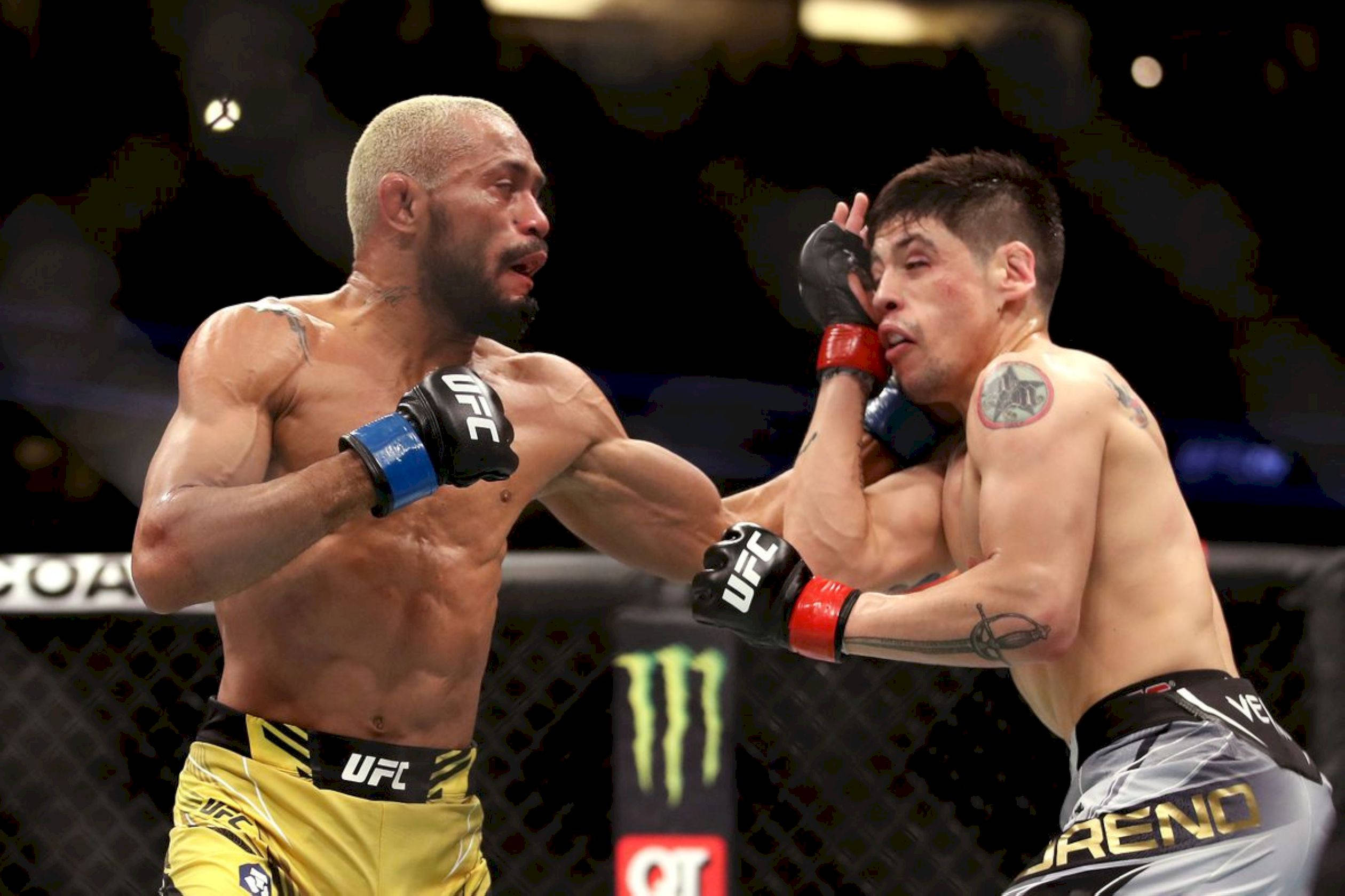 MMA 桌布 壁紙 — 兩名MMA拳手在激烈的鐵籠賽中，其中一人向對手面部打出強力一拳。