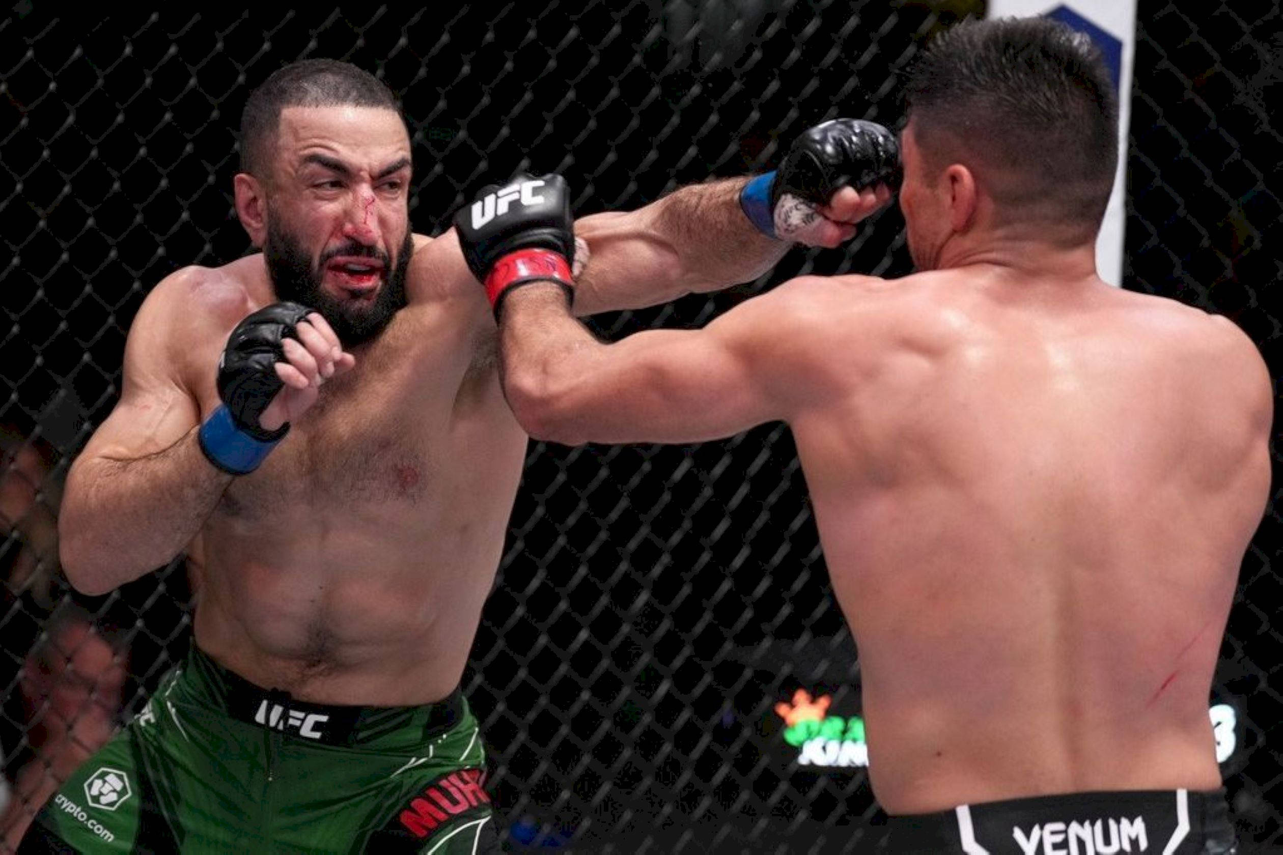 MMA 桌布 壁紙 — 兩名MMA拳手在激烈的鐵籠賽中交鋒，其中一人向對方臉部重擊一拳。