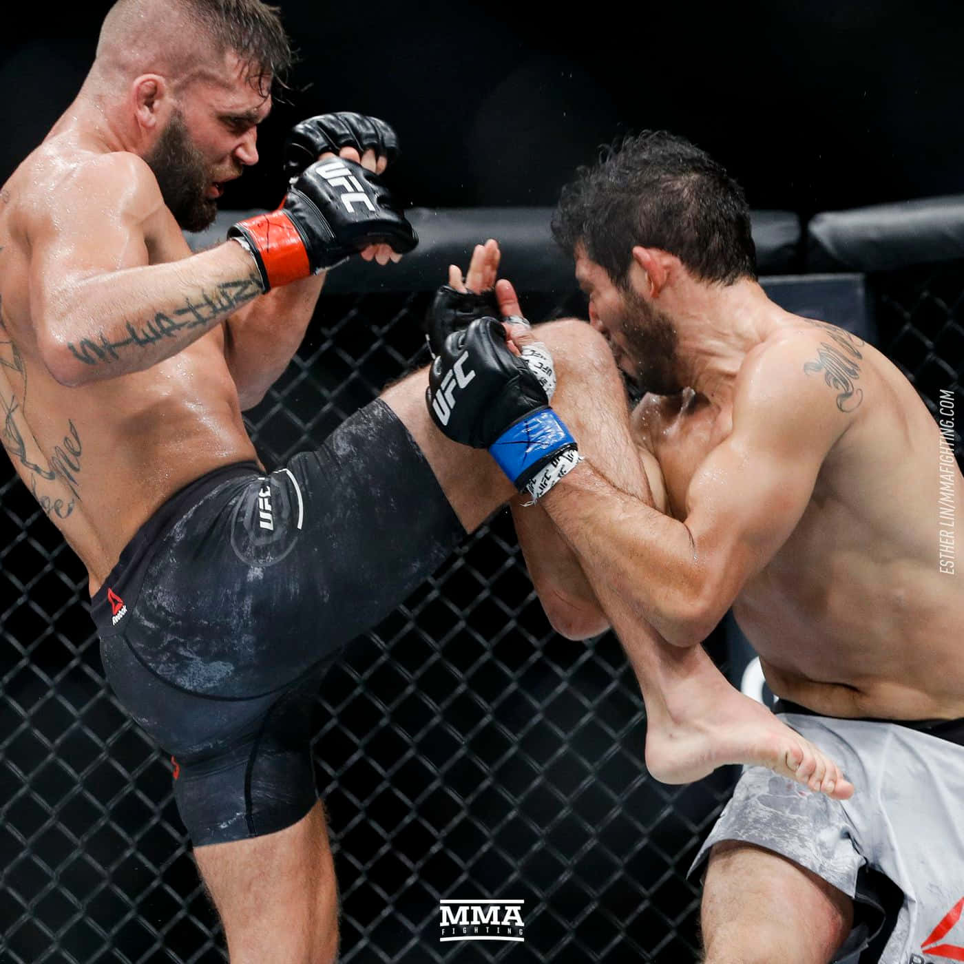 UFC 桌布 壁紙 — 兩名MMA拳手在激烈的鐵籠賽中交鋒，其中一人使出高踢，另一人則阻擋。
