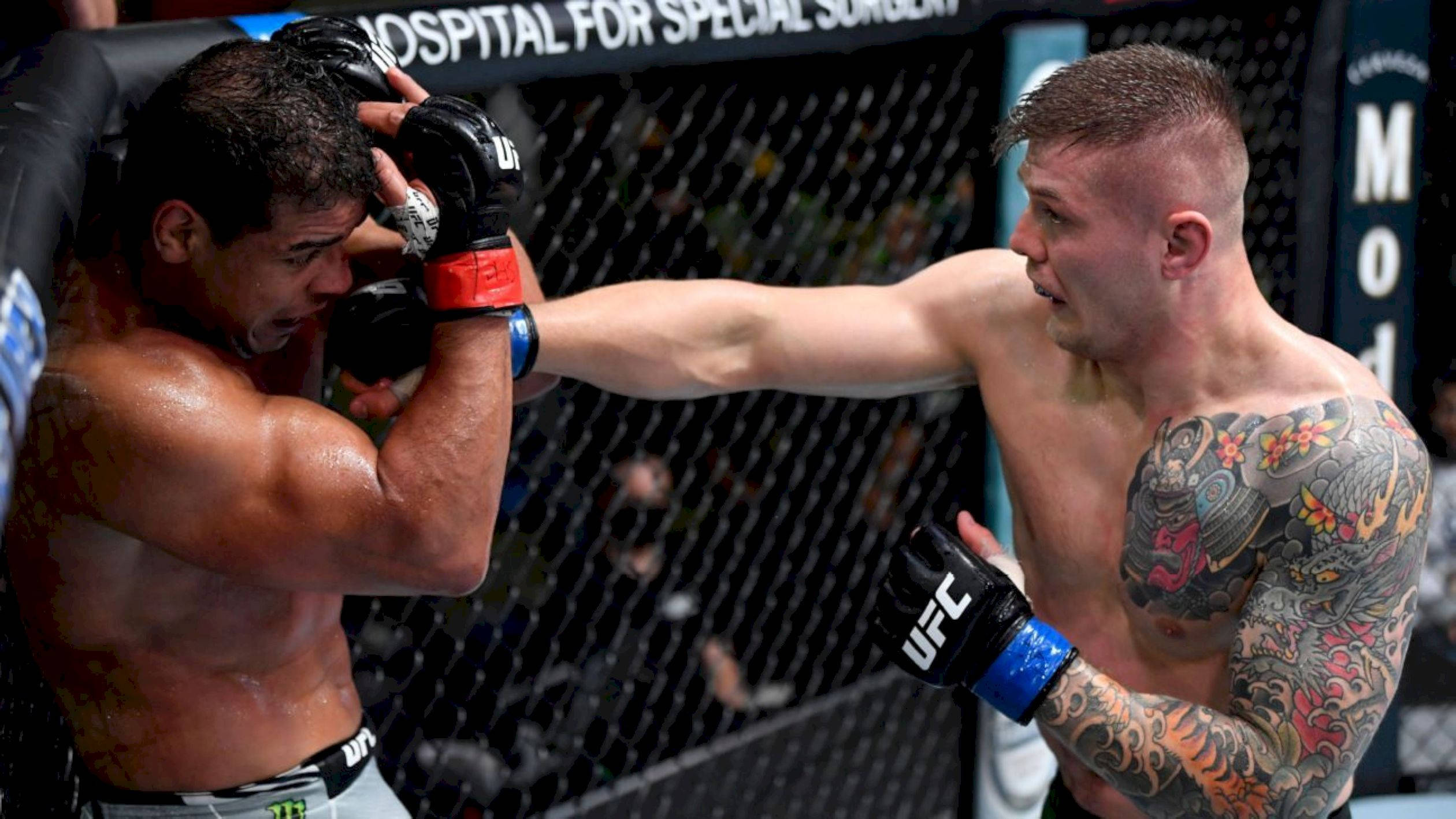 MMA 桌布 壁紙 — 兩名MMA拳手在激烈的鐵籠賽中交鋒，其中一人向對手頭部打出強力一拳。
