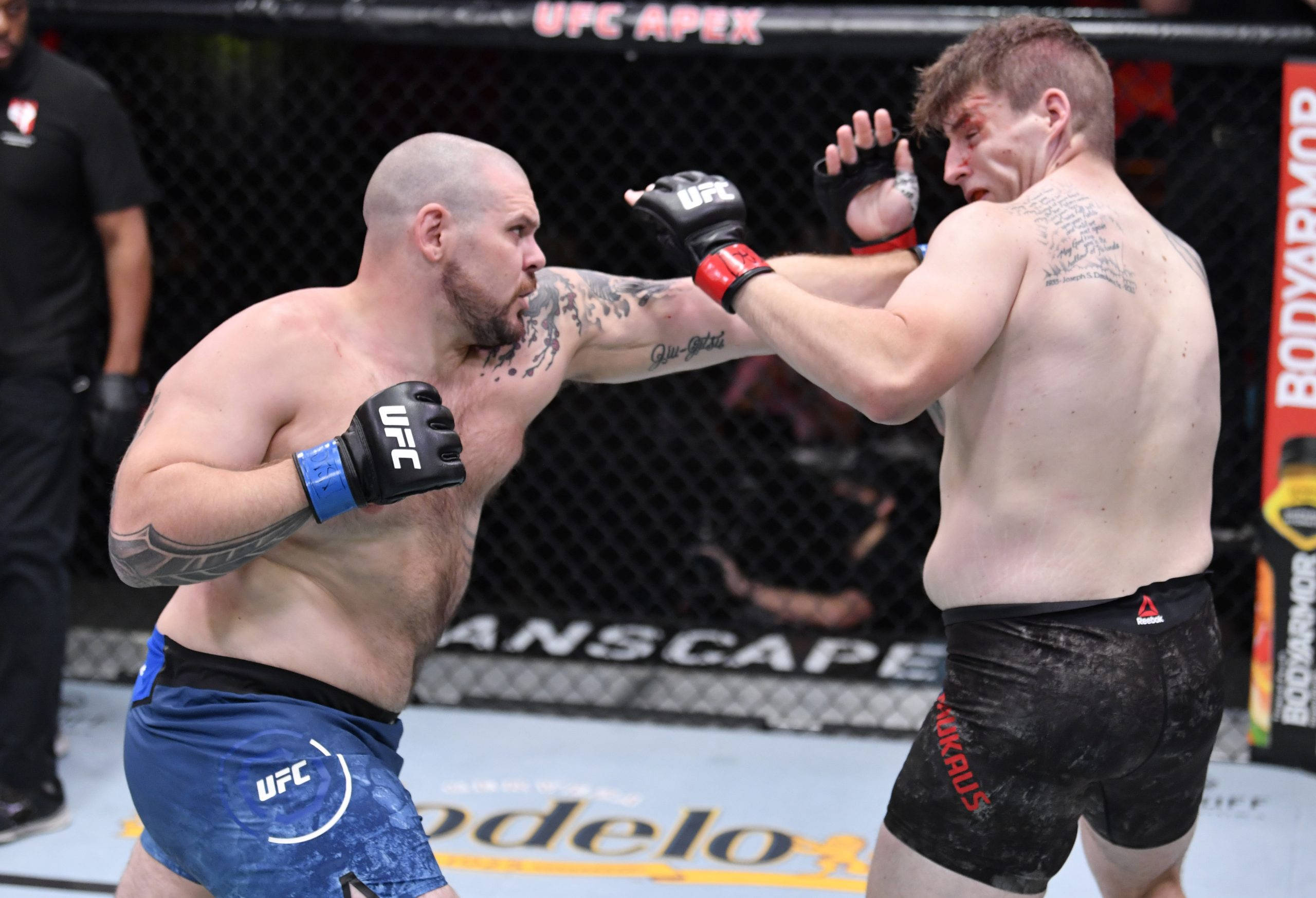 MMA 桌布 壁紙 — 兩名MMA拳手在激烈的鐵籠賽中交鋒，其中一人向對手面部打出強力一拳。
