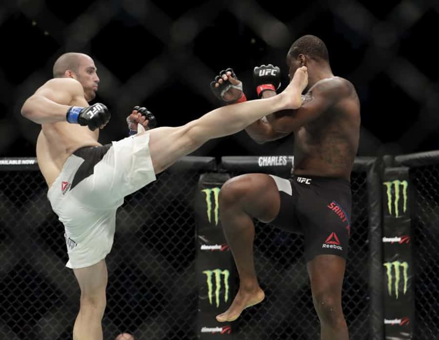 MMA 桌布 壁紙 — 兩名MMA拳手在籠中交鋒，一人使出高踢，另一人阻擋，展現動態戰鬥瞬間。