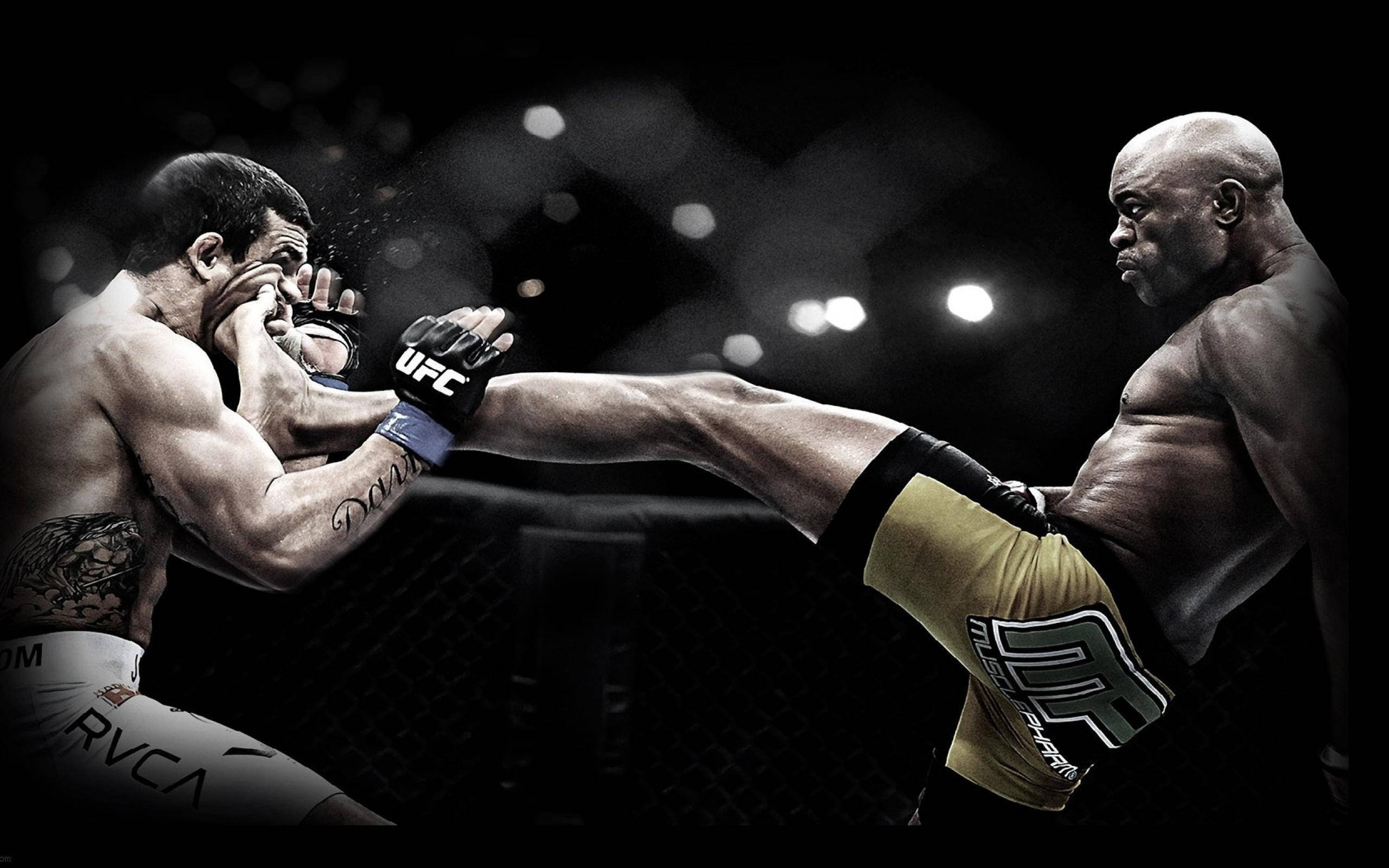 UFC 桌布 壁紙 — 兩名MMA拳手在籠中交鋒，一人使出高踢，另一人在戲劇性的場館燈光下格擋。