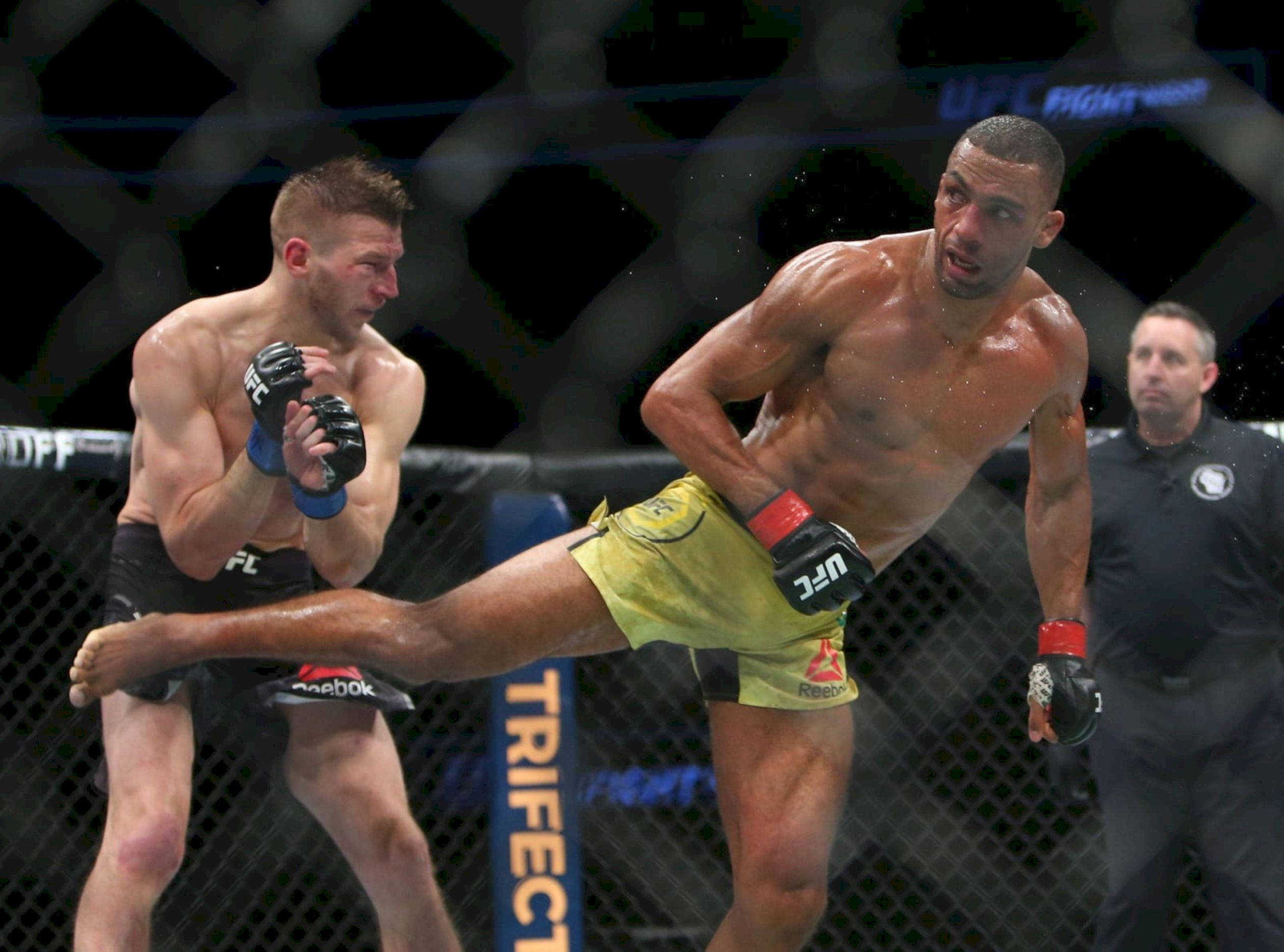 MMA 桌布 壁紙 — 兩名MMA拳手在籠中交鋒，一人使出高踢，另一人在明亮的場館燈光下防守。