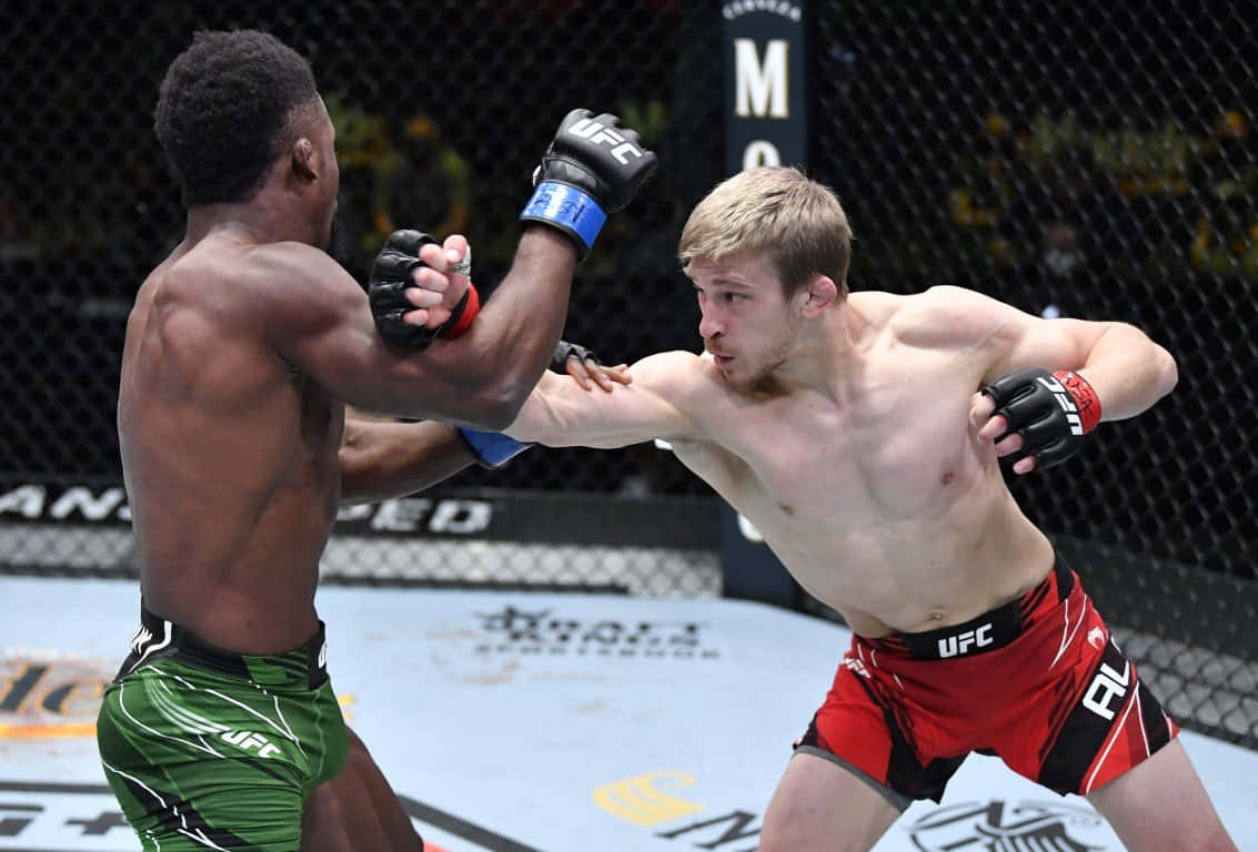 UFC 桌布 壁紙 — 兩名MMA拳手在籠中交鋒，其中一人在激烈的UFC比賽中向對手面部打出強力一拳。