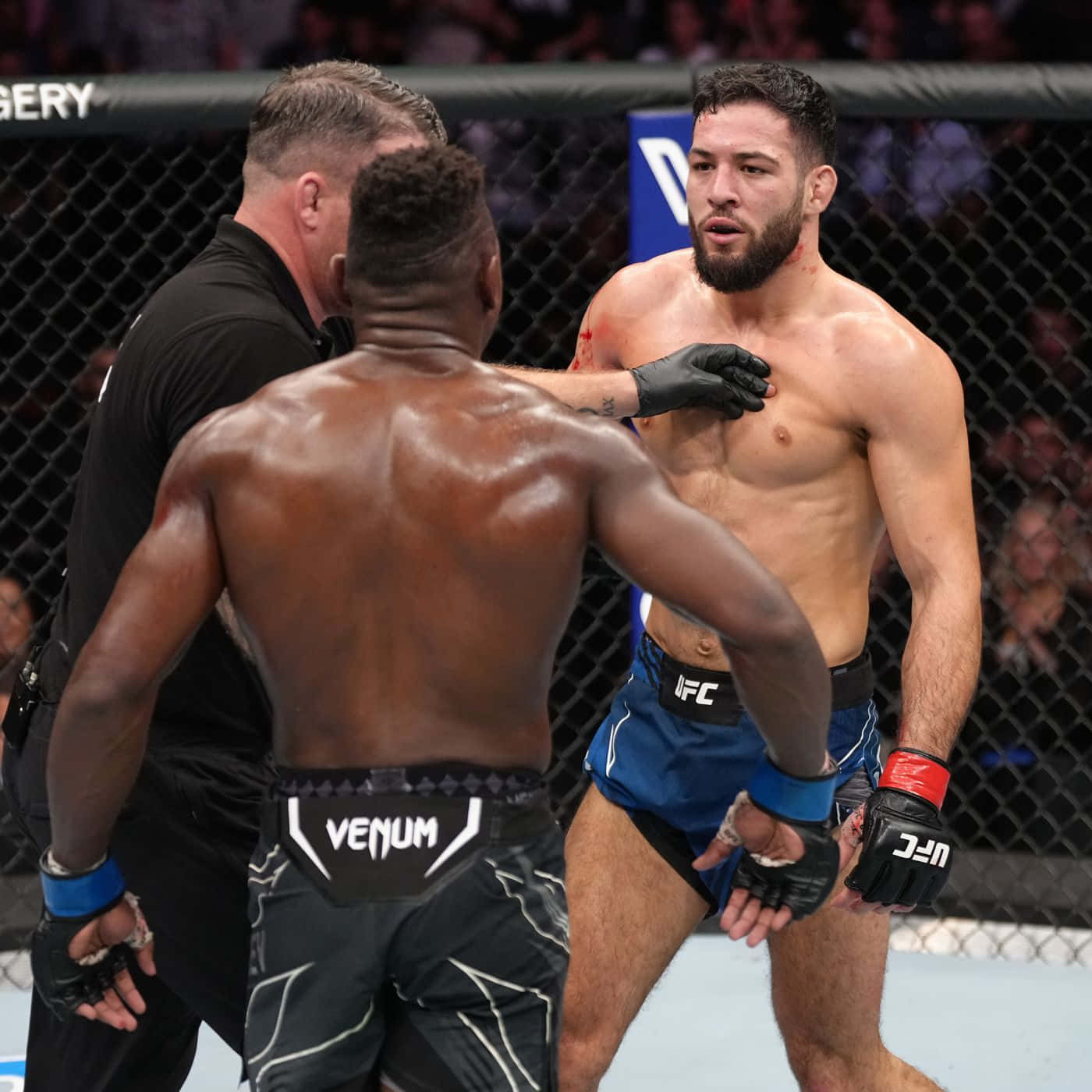 UFC 桌布 壁紙 — 兩名MMA拳手在籠中對峙，裁判在激烈的UFC比賽中介入。