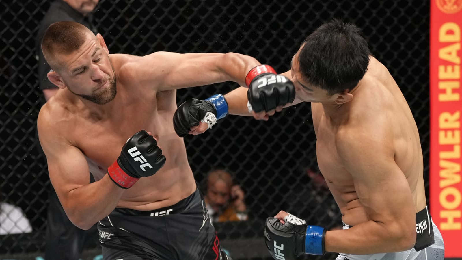 MMA 桌布 壁紙 — 兩名MMA拳手在籠中對決，其中一人在明亮的場館燈光下向對方臉部打出強力一拳。