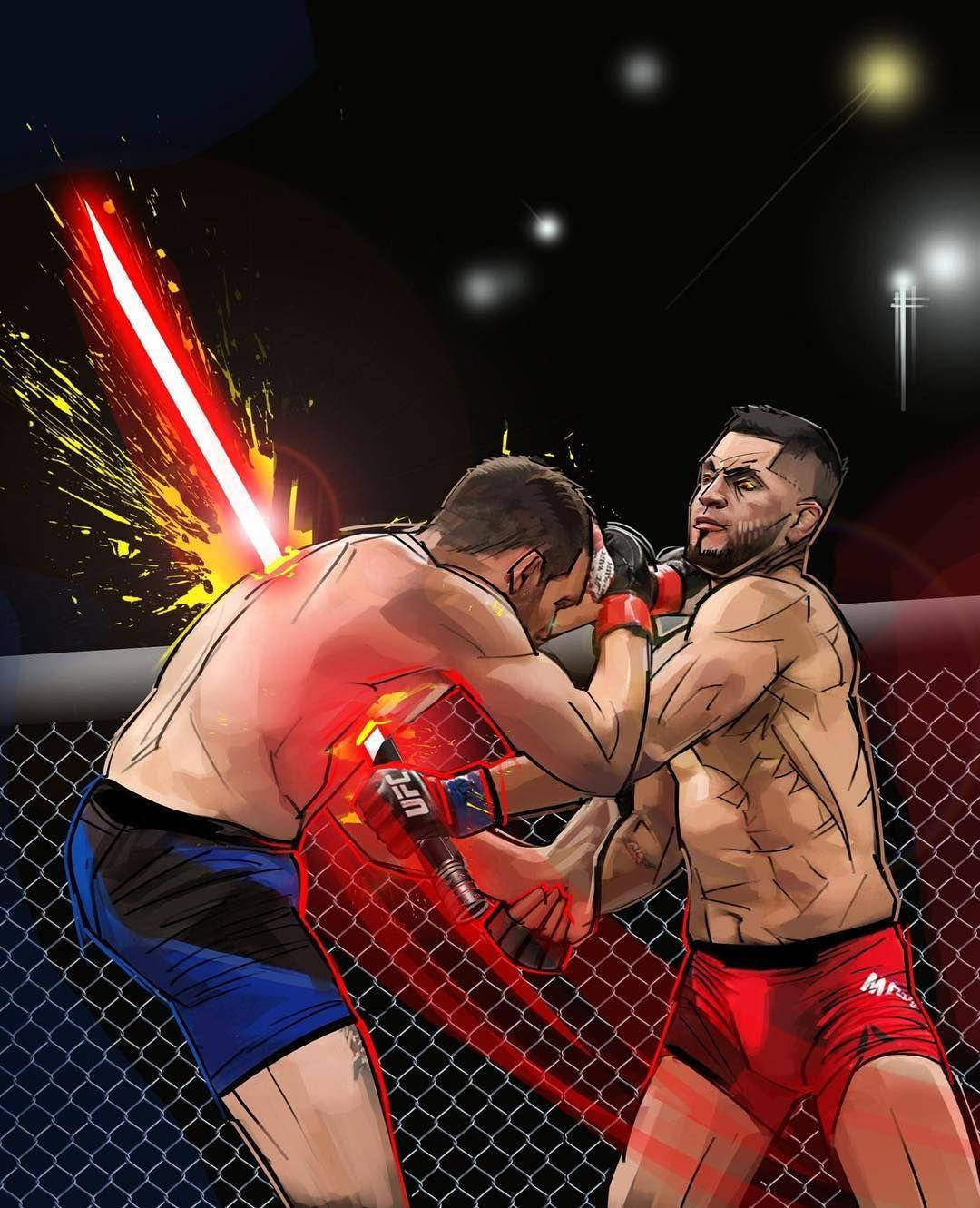 MMA 桌布 壁紙 — 兩名MMA拳手在籠中激戰，一把發光的紅色劍在他們之間閃爍火花，背景是星空夜空。