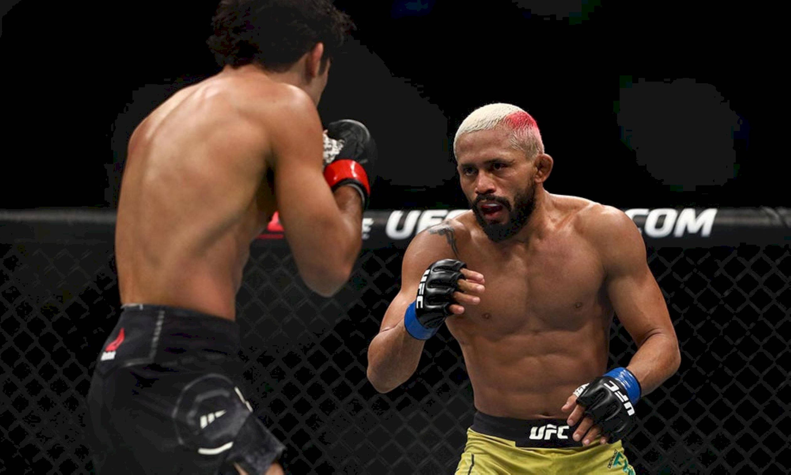 UFC 桌布 壁紙 — 兩名MMA拳手在籠中激烈對峙，其中一名拳手漂白的頭髮上有一條獨特的紅色條紋。