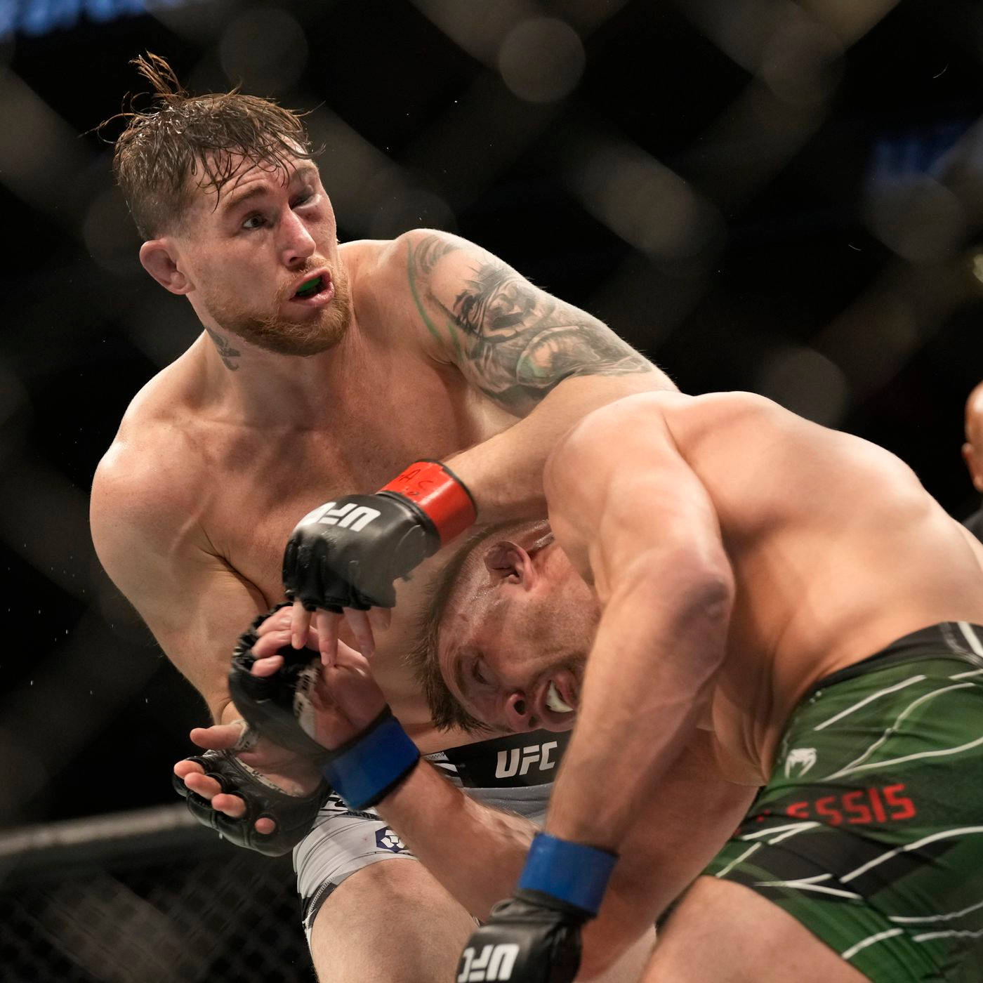 UFC 桌布 壁紙 — 兩名MMA拳手在籠中激烈纏鬥，汗水飛濺，在明亮的場館燈光下神情專注。