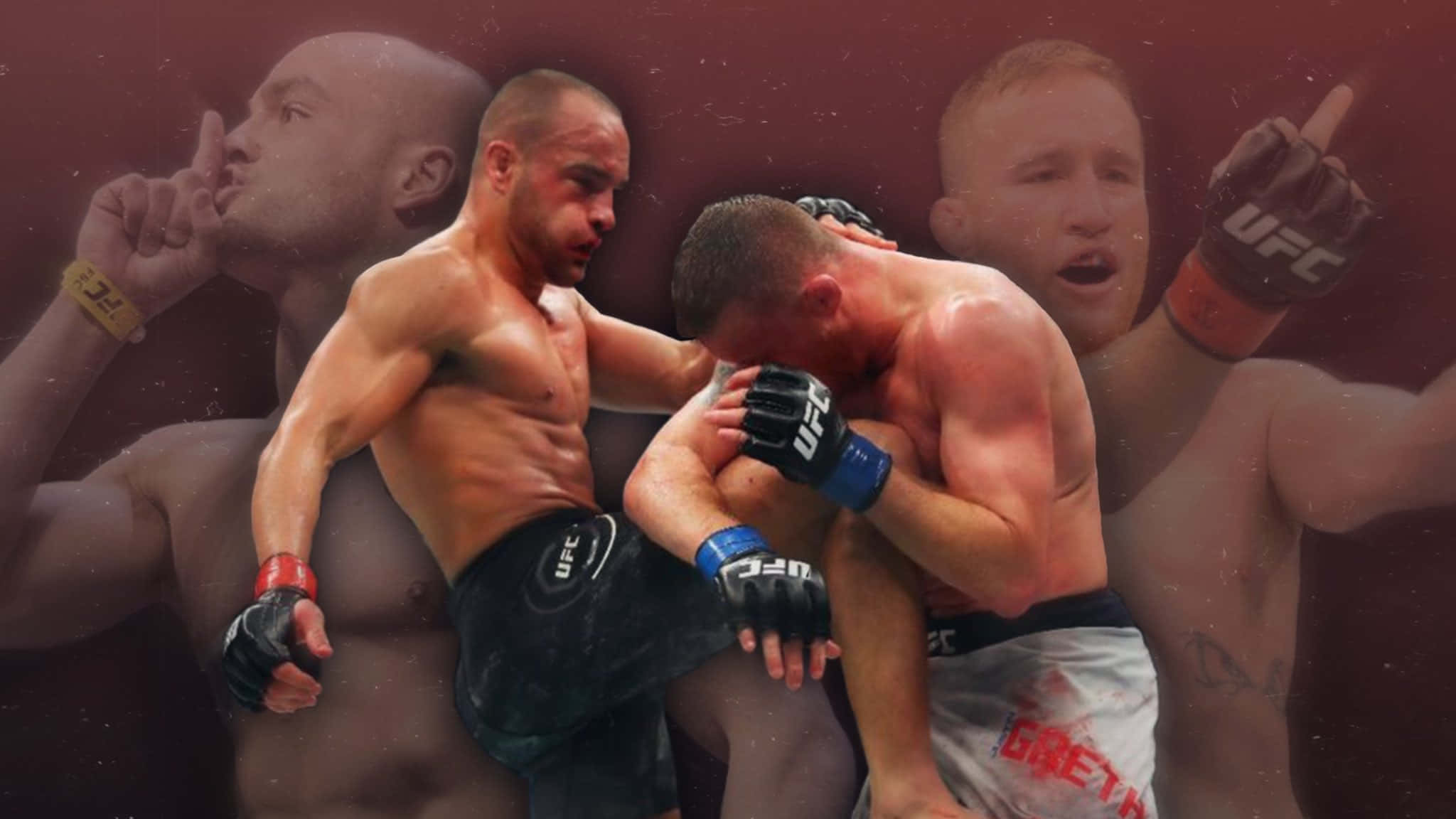 Fight 桌布 壁紙 — 兩名MMA拳手在籠中激烈纏鬥，背景有其他拳手褪色的鬼影。