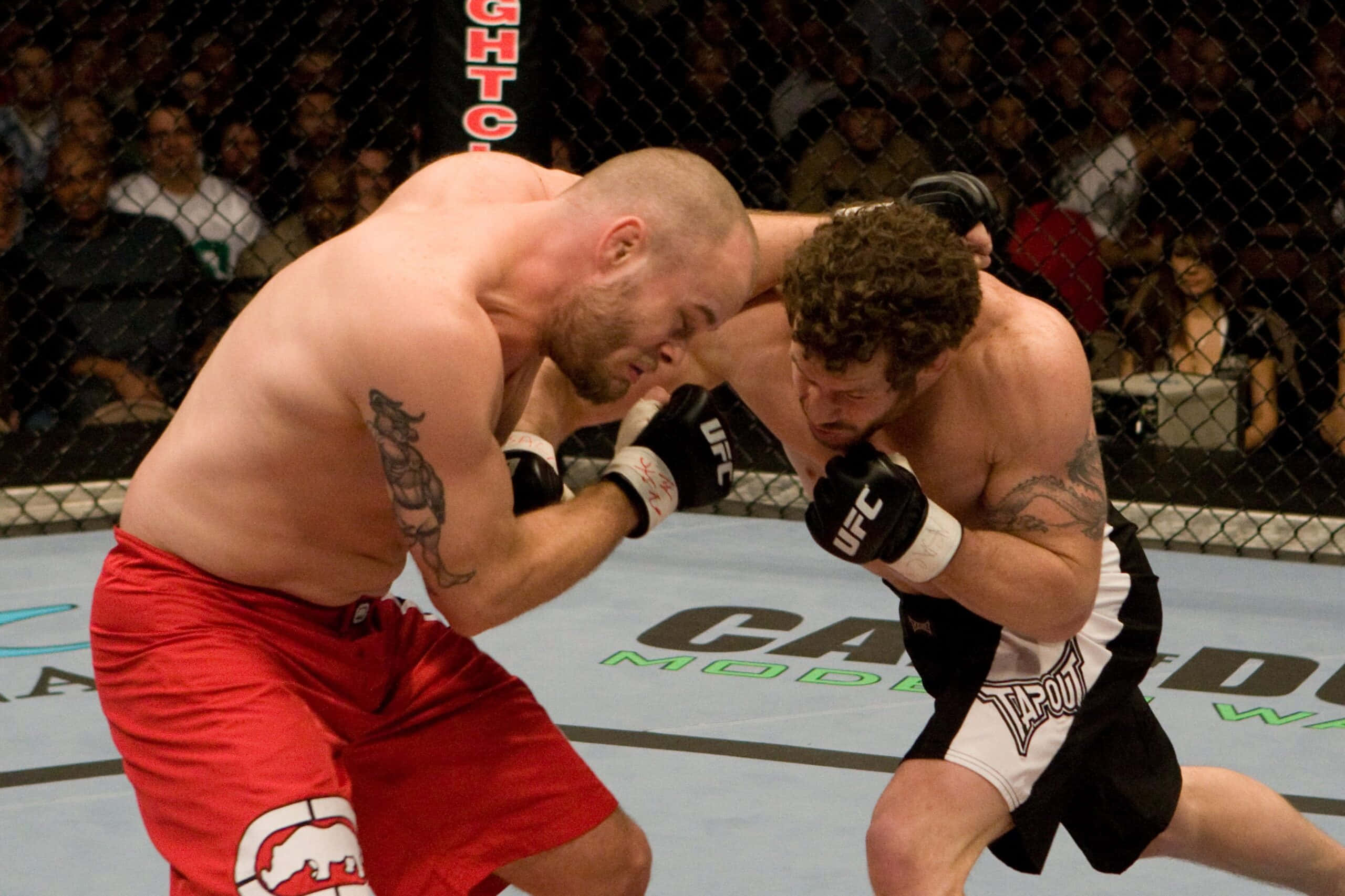 UFC 桌布 壁紙 — 兩名MMA拳手在籠中激烈纏鬥，觀眾專注觀看。