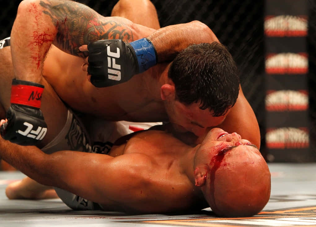 UFC 桌布 壁紙 — 兩名MMA拳手在籠內進行激烈的地面纏鬥，滿臉鮮血，手臂有刺青。