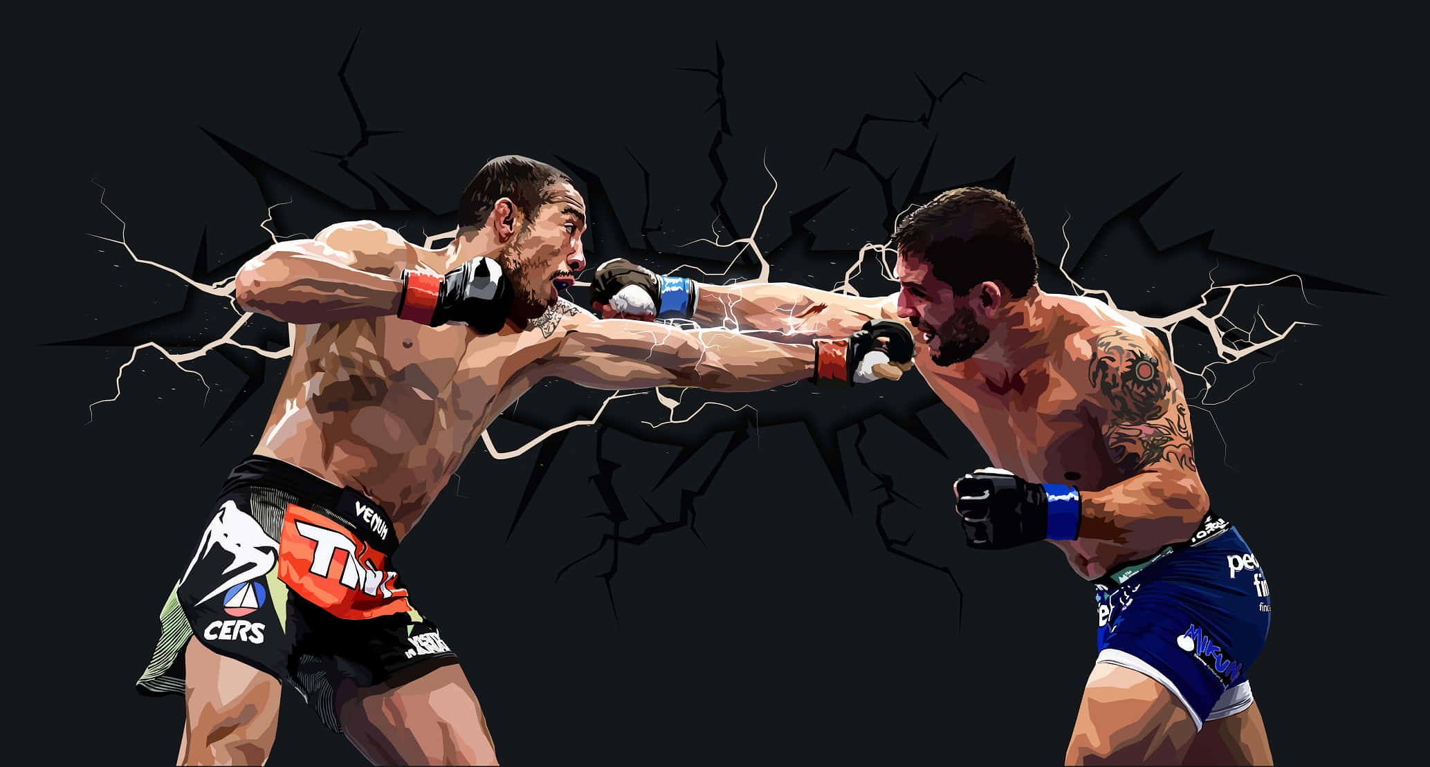 MMA 桌布 壁紙 — 兩名MMA拳手在黑暗背景下，閃電環繞的動態數位藝術戰鬥中交鋒。