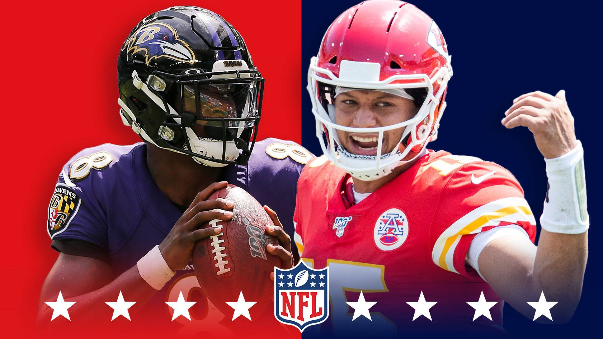 拉馬爾·傑克森 桌布 壁紙 — 兩名NFL四分衛全副武裝，在帶有星星和聯盟標誌的鮮豔紅色和藍色背景前對峙。