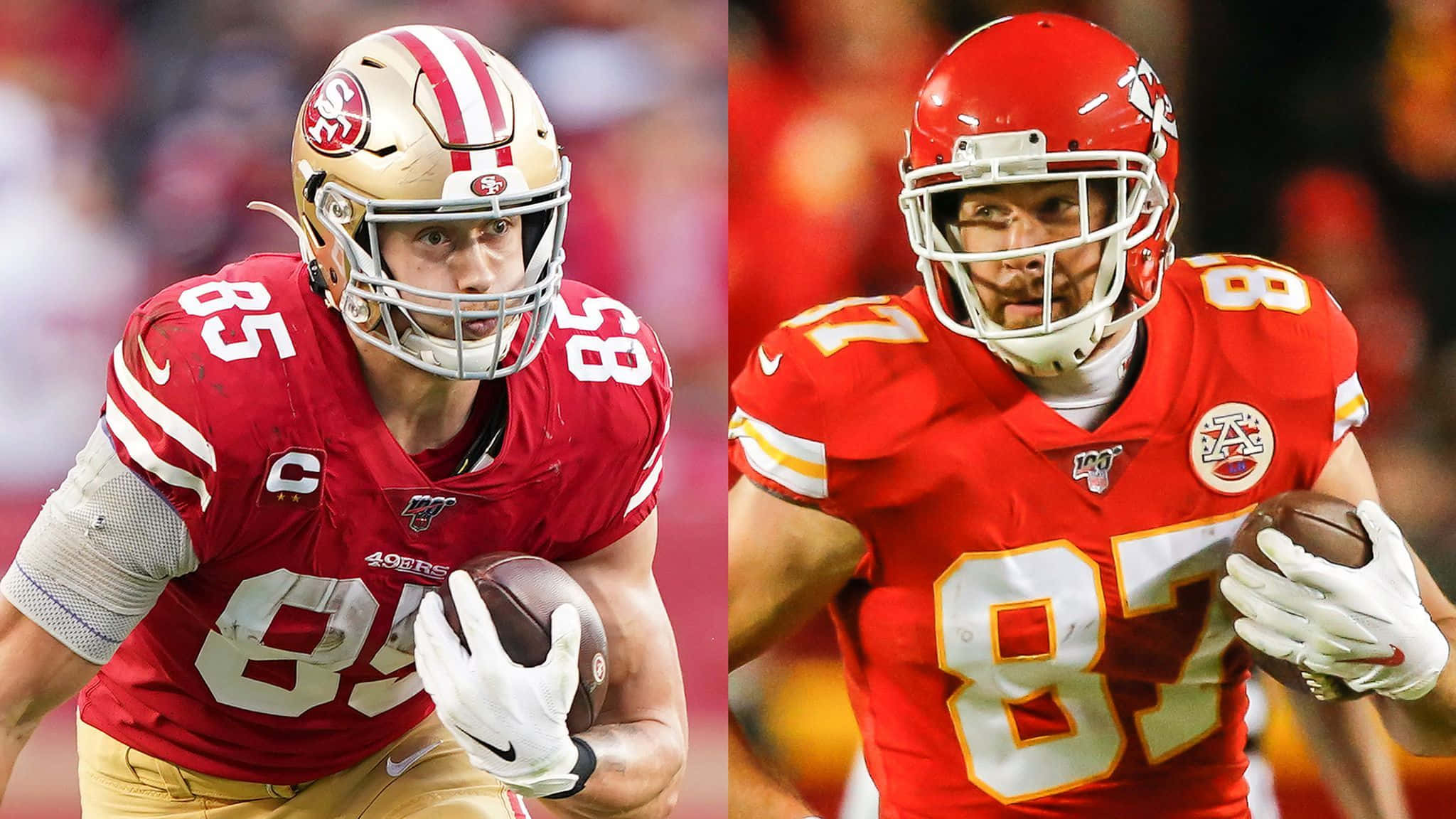 George Kittle 桌布 壁紙 — 兩名NFL外接手在比賽中身穿紅色和金色球衣，手持橄欖球。