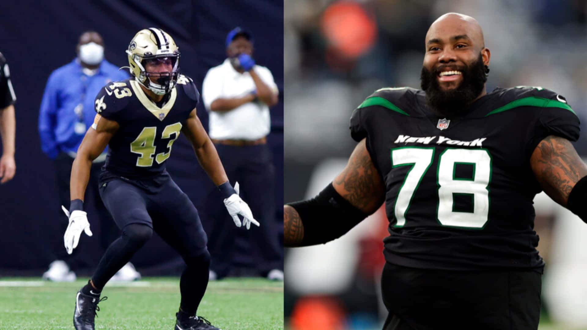 Marcus Williams 桌布 壁紙 — 兩名NFL球員在比賽中，一人身穿深藍色和金色球衣奔跑，另一人身穿黑色和綠色球衣在場上咧嘴大笑。