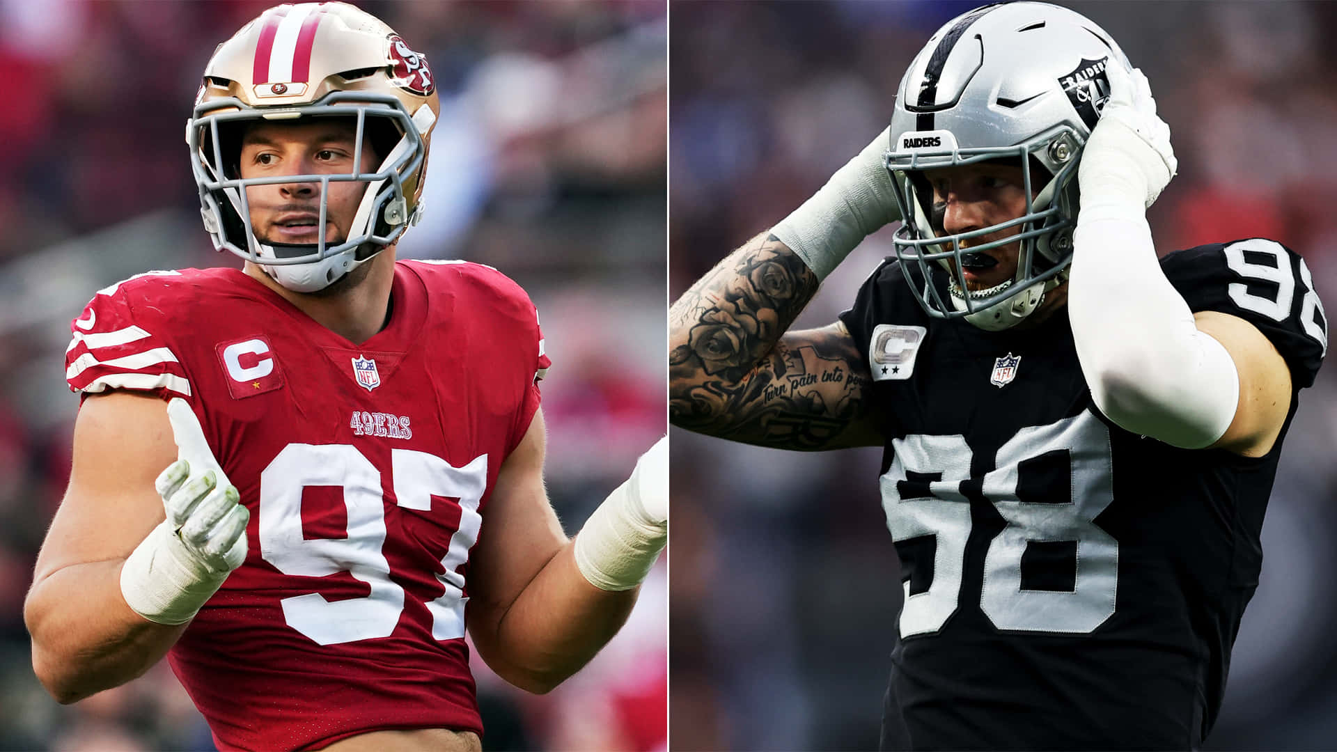 San Francisco 49ers 桌布 壁紙 — 兩名NFL球員在比賽中，一名穿紅色球衣豎起大拇指，另一名穿黑色球衣沮喪地拿著頭盔。