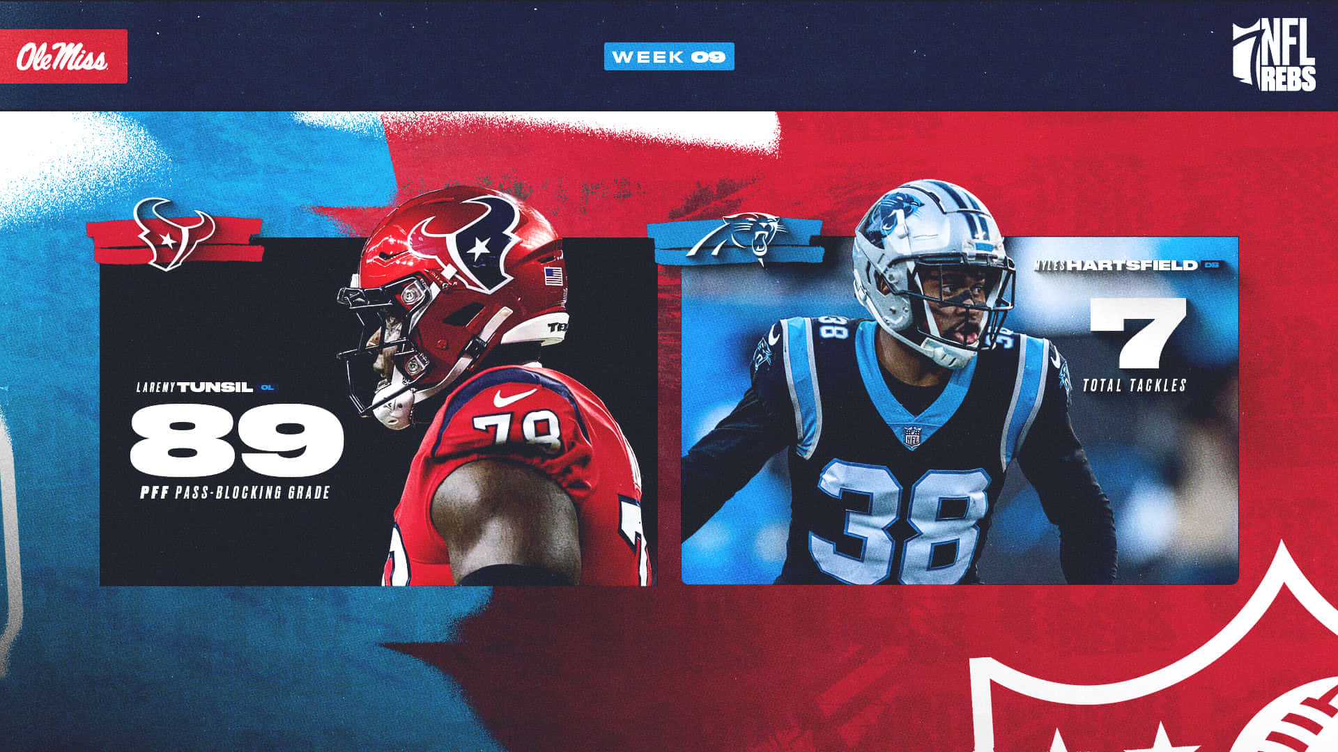 足球 桌布 壁紙 — 兩名NFL球員戴著頭盔並排展示，附有統計數據和球隊標誌，背景為紅藍圖形。