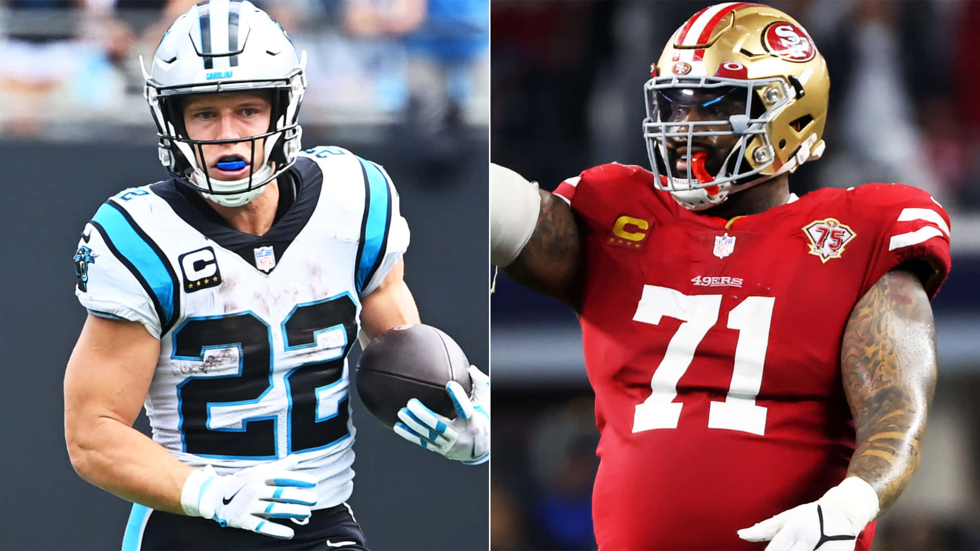 Christian Mccaffrey 桌布 壁紙 — 兩名NFL美式足球運動員正在比賽中，一名身穿卡羅萊納黑豹隊制服持球，另一名身穿舊金山49人隊制服慶祝。