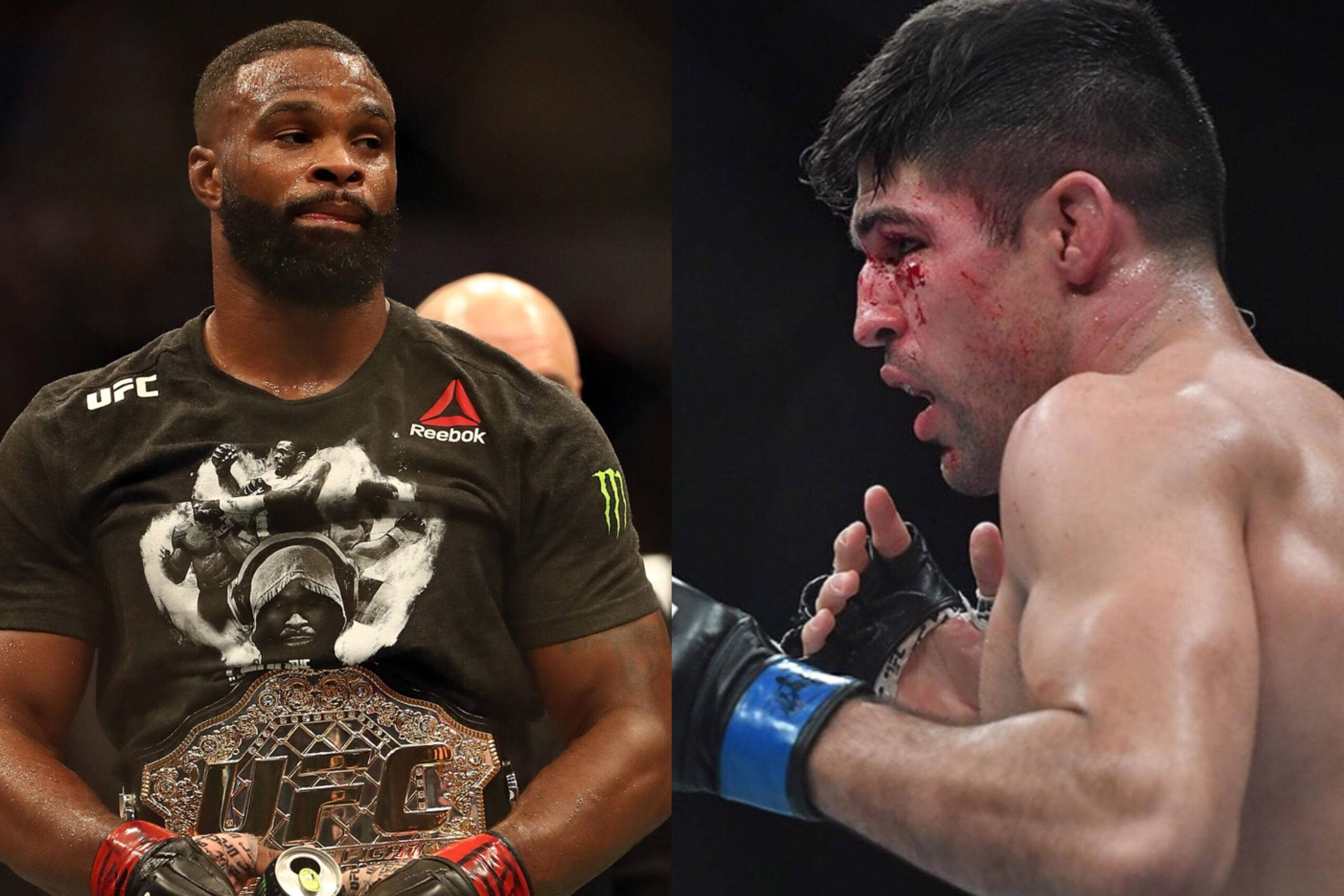 UFC 桌布 壁紙 — 兩名UFC拳手，一人手持冠軍腰帶，另一人浴血奮戰，筋疲力竭。