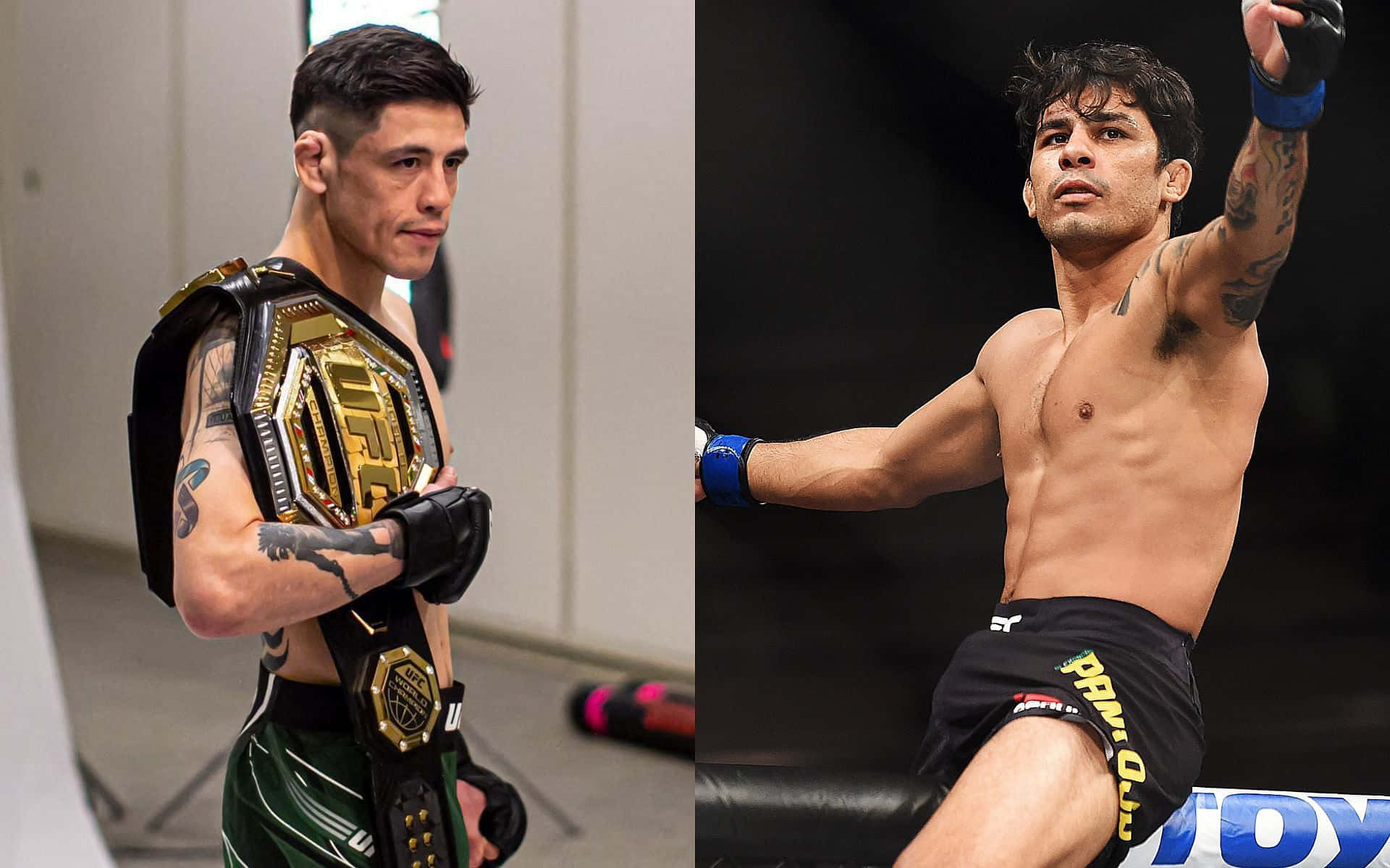 UFC 桌布 壁紙 — 兩名UFC拳手，一人手持冠軍腰帶擺姿勢，另一人在八角籠中慶祝勝利。