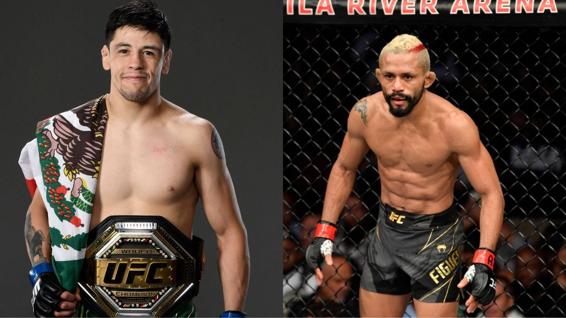 MMA 桌布 壁紙 — 兩名UFC拳手，一人手持披著墨西哥旗的冠軍腰帶擺姿勢，另一人站在八角籠內。