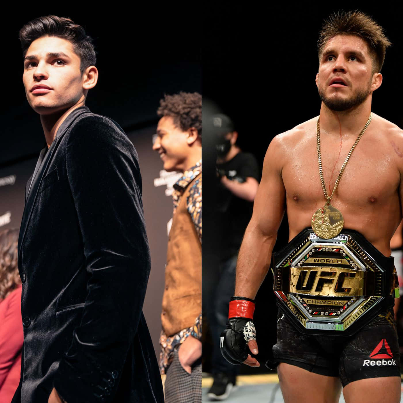 UFC 桌布 壁紙 — 兩名UFC拳手，一人身穿黑色天鵝絨外套，另一人赤裸上身，腰間繫著冠軍腰帶，頸上有血。