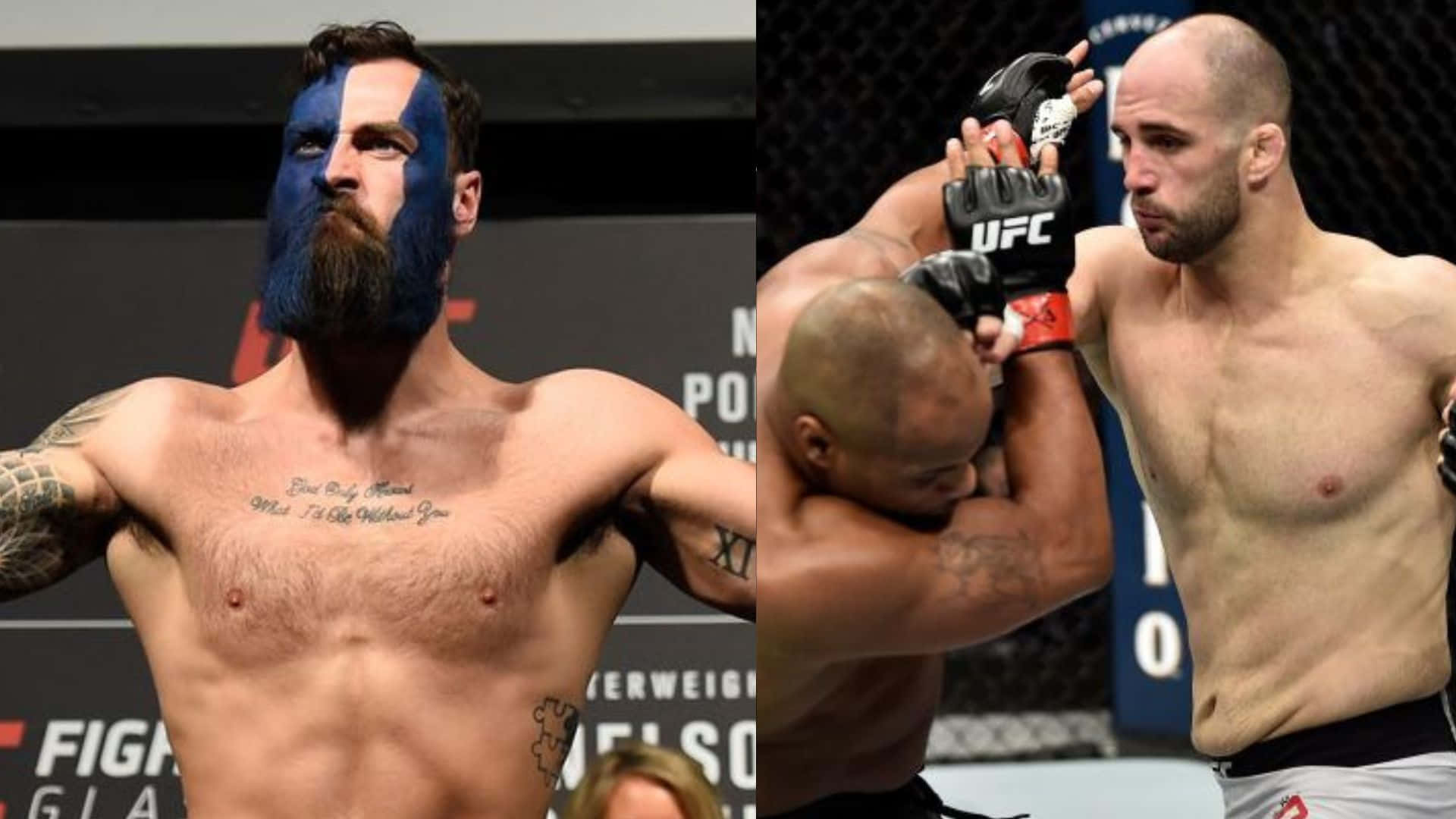 MMA 桌布 壁紙 — 兩名UFC拳手，一名塗有藍色面部彩繪擺姿勢，另一名在八角籠內戰鬥。