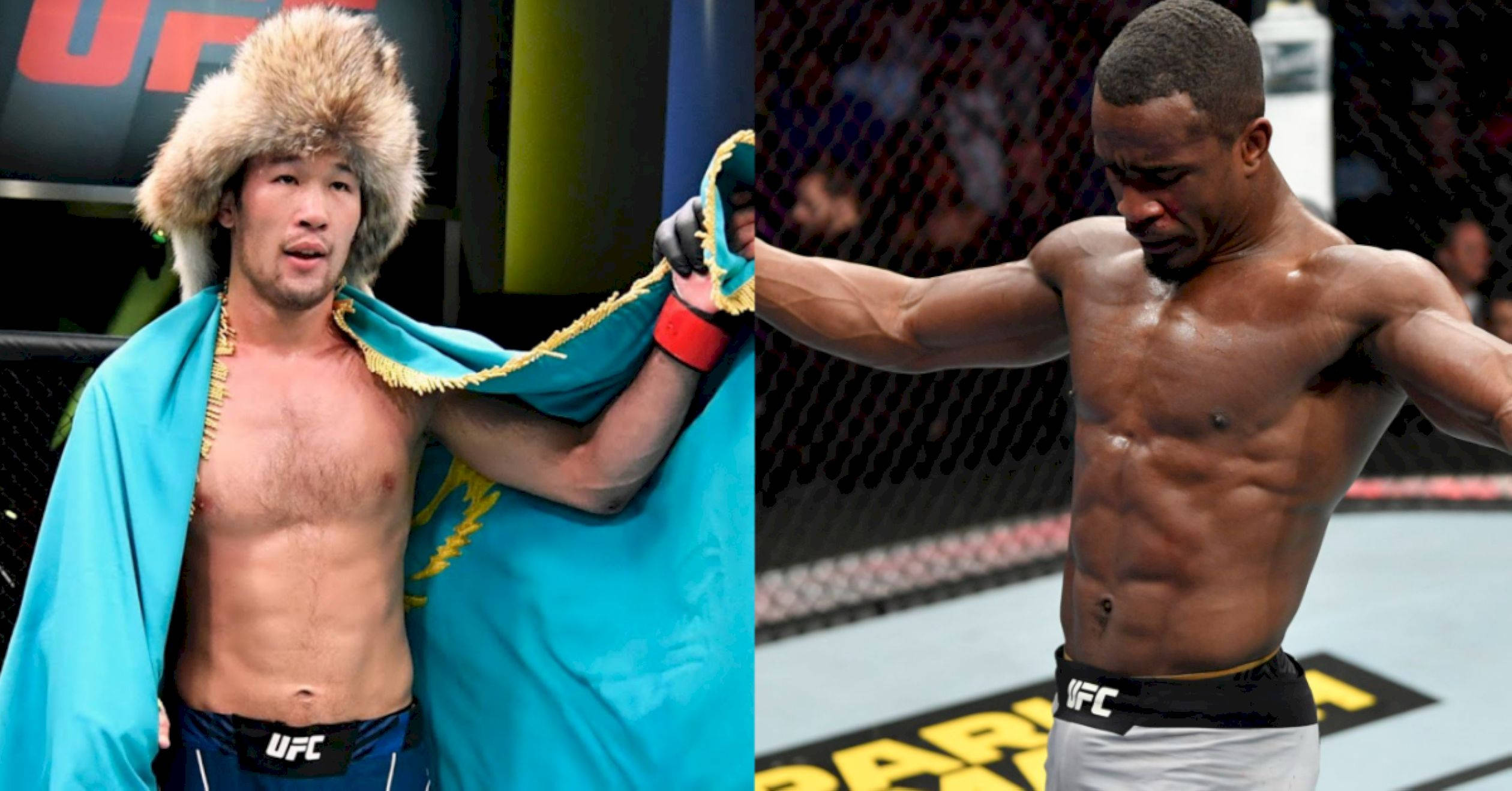 UFC 桌布 壁紙 — 兩名UFC拳手，一名披著藍色旗幟戴著毛帽，另一名在八角籠中汗流浹背、肌肉發達。