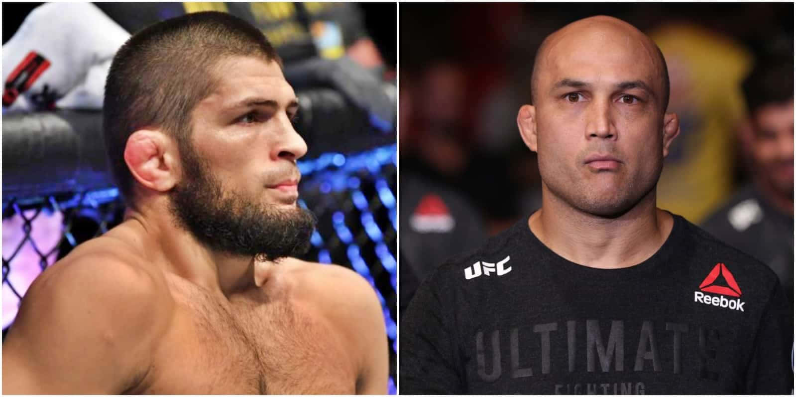 MMA 桌布 壁紙 — 兩名UFC拳手並排擺姿勢，一名在八角籠圍欄附近赤裸上身，另一名穿著品牌T恤，兩人都目光銳利