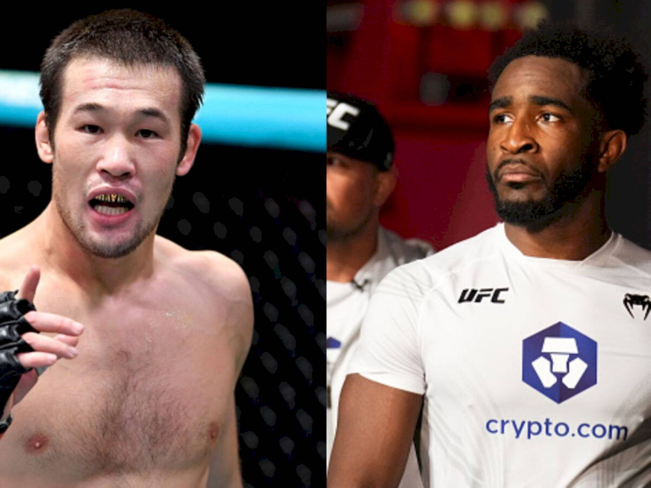 UFC 桌布 壁紙 — 兩名UFC拳手在八角籠中，一人赤裸上身戴手套，另一人穿著品牌T恤，兩人都表情激烈。