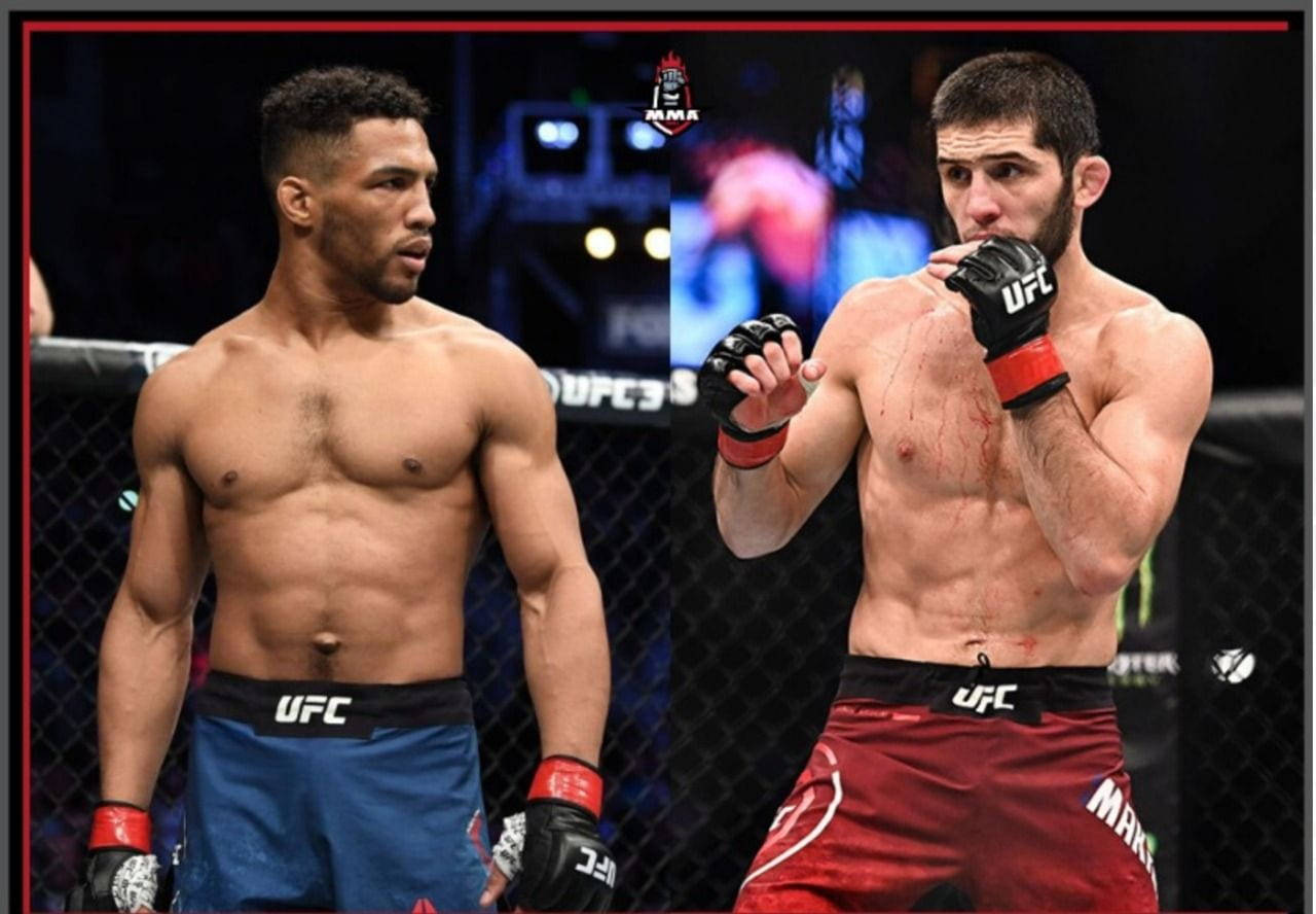 Reebok 桌布 壁紙 — 兩名UFC拳手在八角籠中對峙，一人滿臉鮮血、穿紅色短褲，另一人穿藍色短褲，兩人都充滿鬥志且專注。