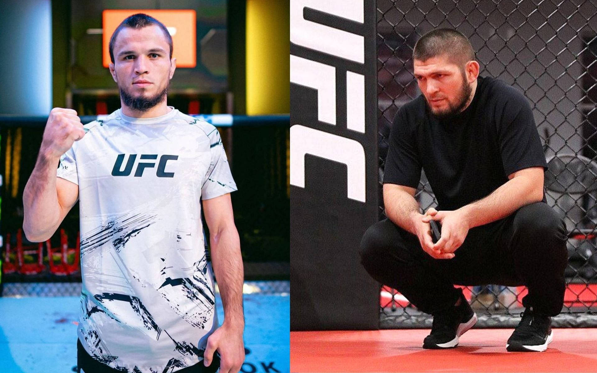 UFC 桌布 壁紙 — 兩名UFC拳手在八角籠中擺姿勢，一人站立舉拳，另一人蹲在籠內。