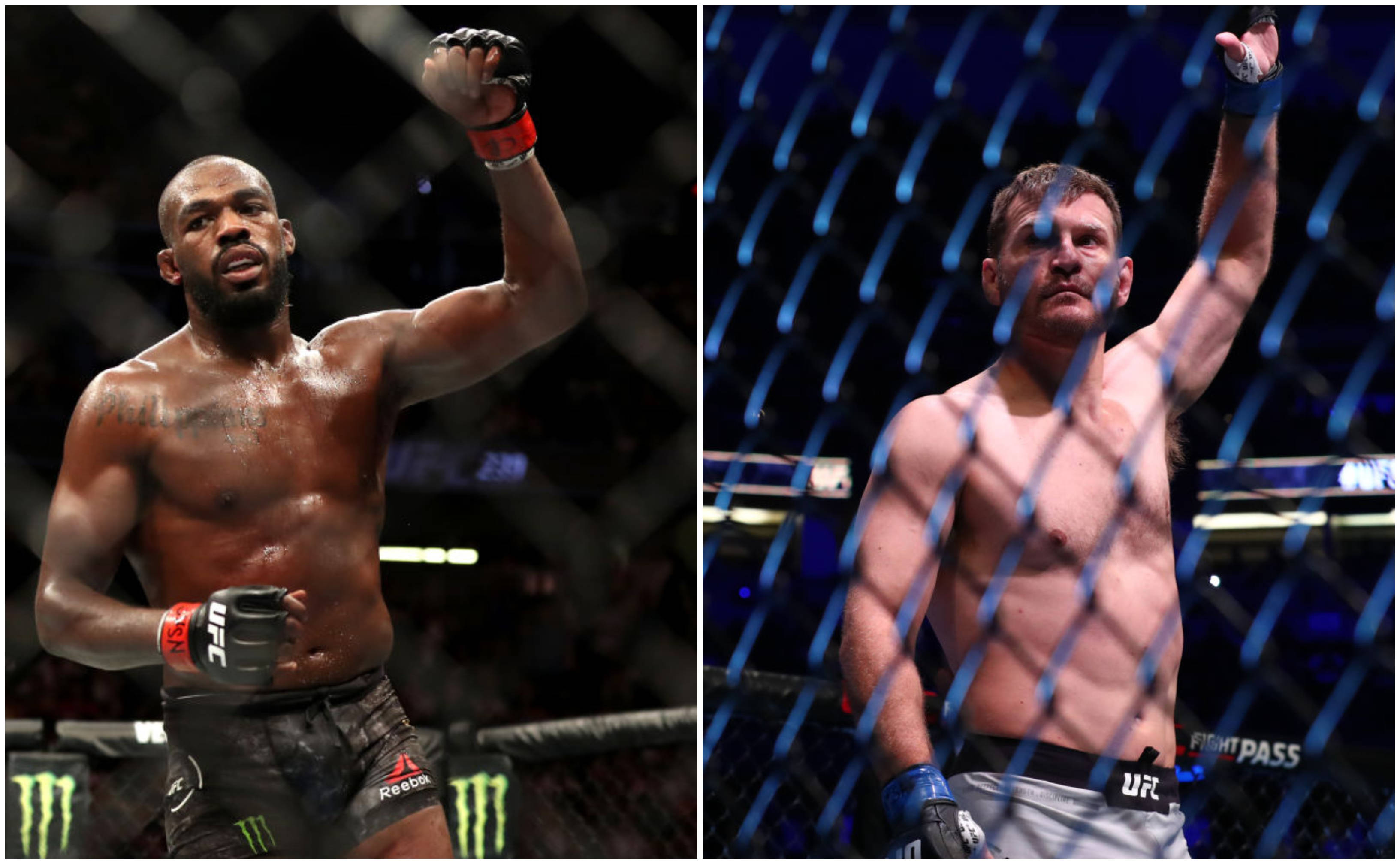 MMA 桌布 壁紙 — 兩名UFC拳手在八角籠內，於場館燈光下高舉拳頭，以強烈表情慶祝勝利。