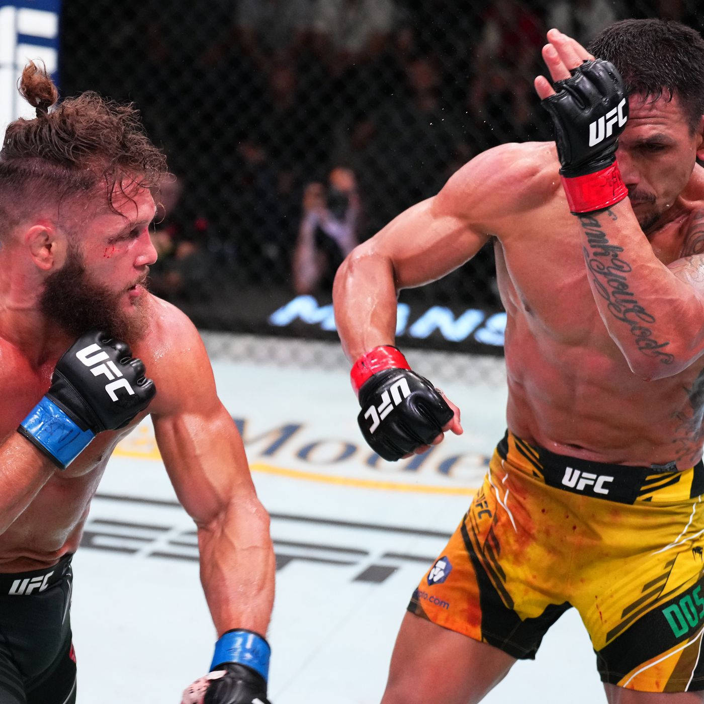 UFC 桌布 壁紙 — 兩名UFC拳手在激烈的籠中比賽中交鋒，汗水飛濺，其中一名拳手臉上帶血。