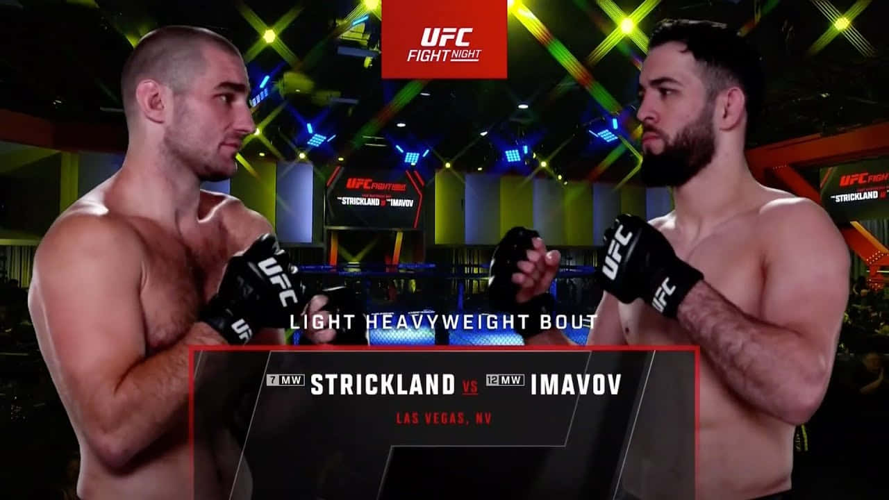 MMA 桌布 壁紙 — 兩名UFC拳手在燈光璀璨、帶有霓虹燈和活動品牌的八角籠中對峙。