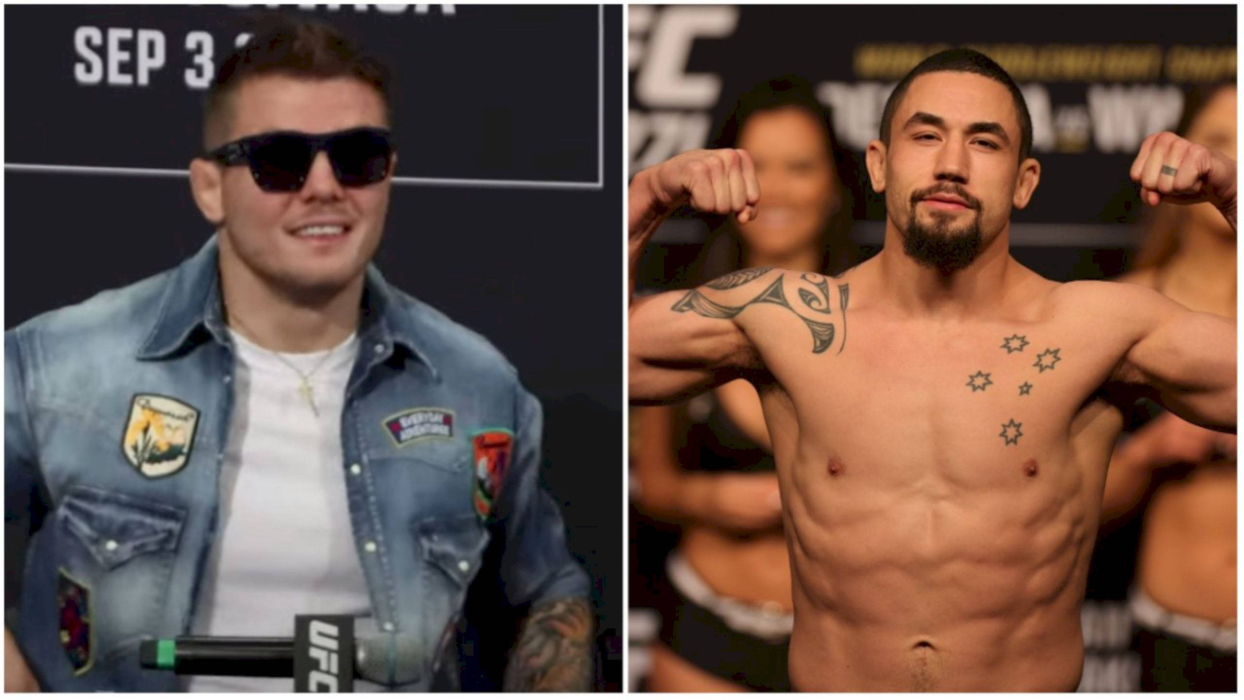 UFC 桌布 壁紙 — 兩名UFC拳手在稱重時擺姿勢，一人身穿牛仔外套和太陽眼鏡，另一人赤裸上身，展示星形刺青並繃緊肌肉。