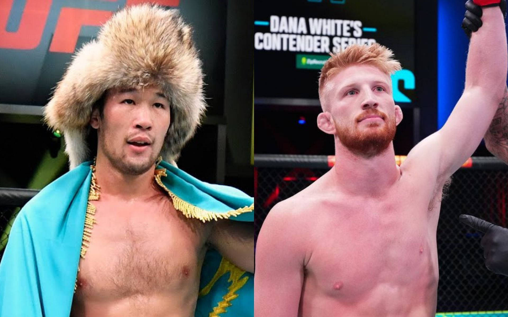 UFC 桌布 壁紙 — 兩名UFC拳手慶祝勝利，一人戴著藍金色毛帽，另一人在八角籠中舉起手臂。