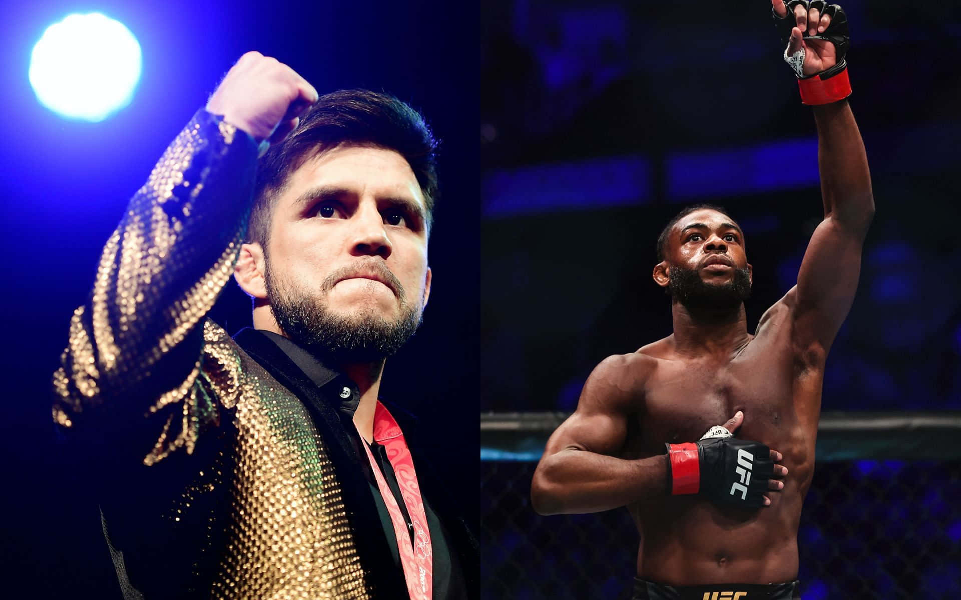 UFC 桌布 壁紙 — 兩名UFC拳手慶祝勝利，一人身穿閃亮外套在明亮燈光下，另一人赤裸上身，在八角籠中舉起拳頭。