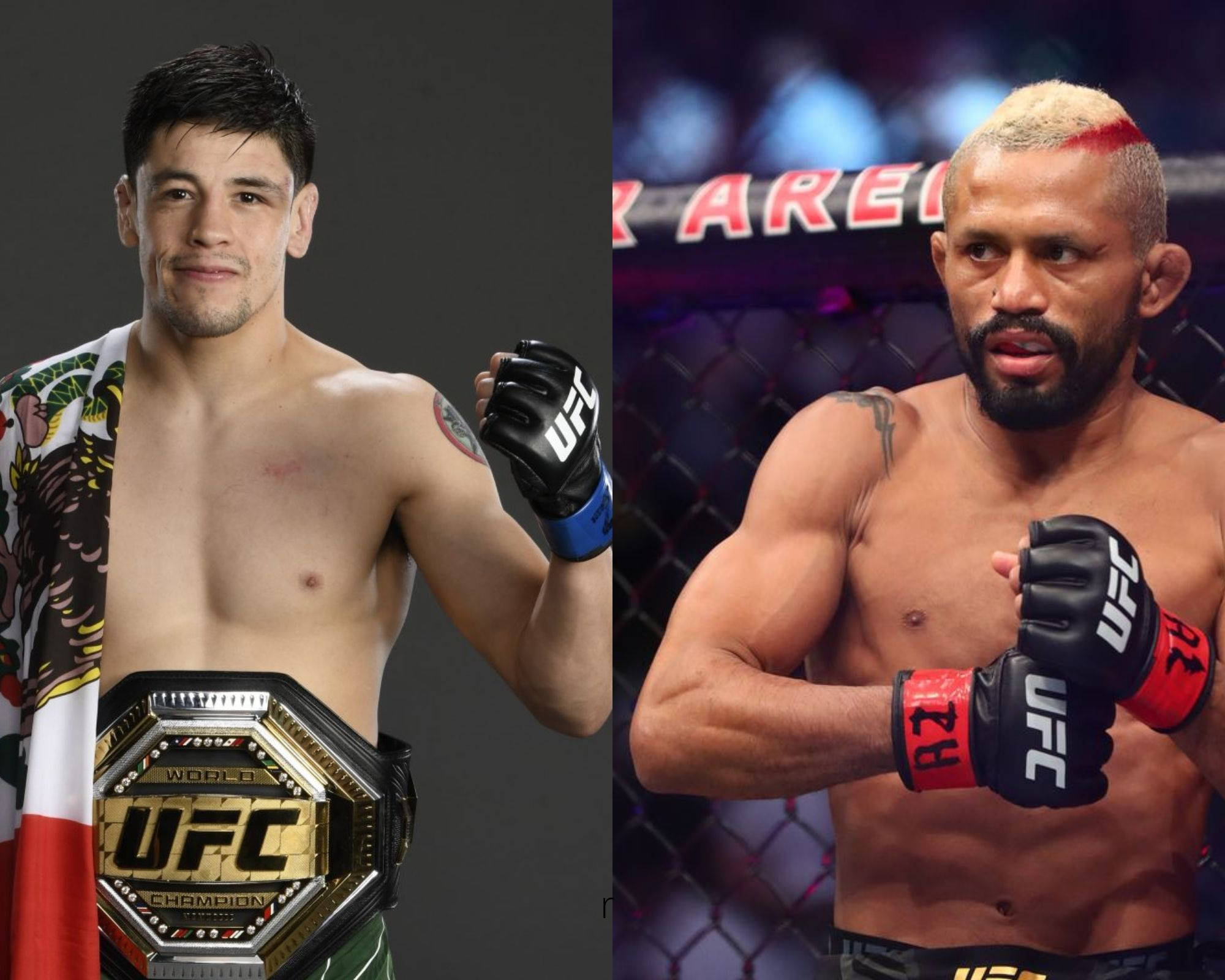 UFC 桌布 壁紙 — 兩名UFC拳手擺姿勢，一人手持冠軍腰帶，另一人身穿紋身和手套在八角籠內。