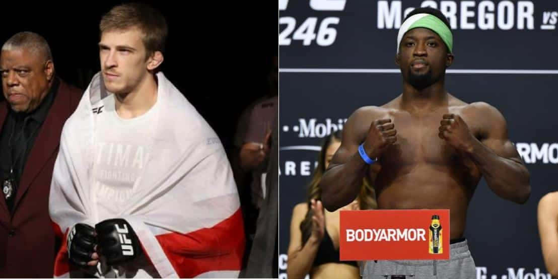 MMA 桌布 壁紙 — 兩名UFC拳手準備就緒，一人披著旗幟，另一人擺出戰鬥姿勢，在明亮的場館燈光下。