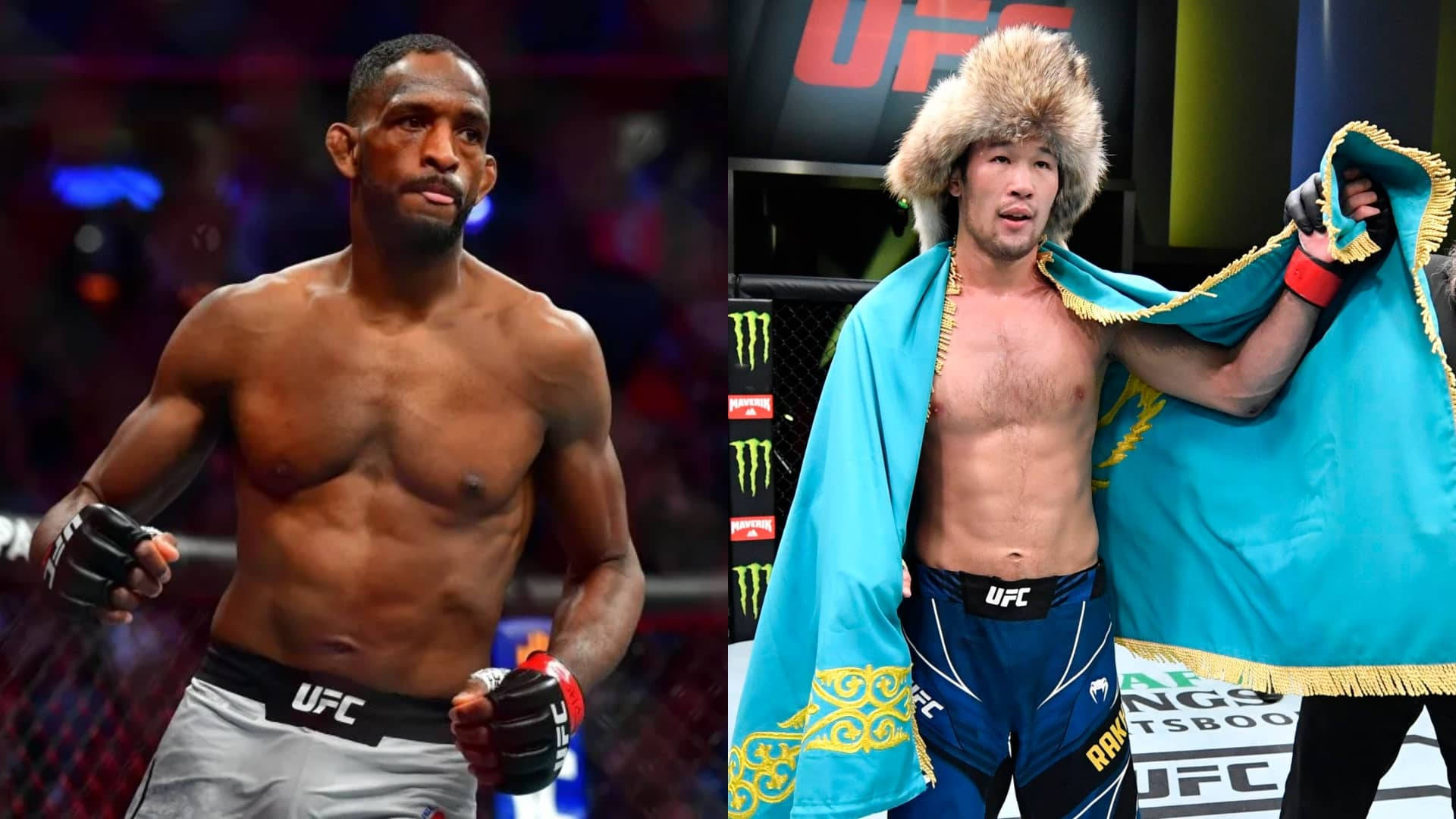 UFC 桌布 壁紙 — 兩名UFC拳手站在八角籠中，一人赤裸上身戴著手套，另一人披著藍金色旗幟，戴著毛帽。