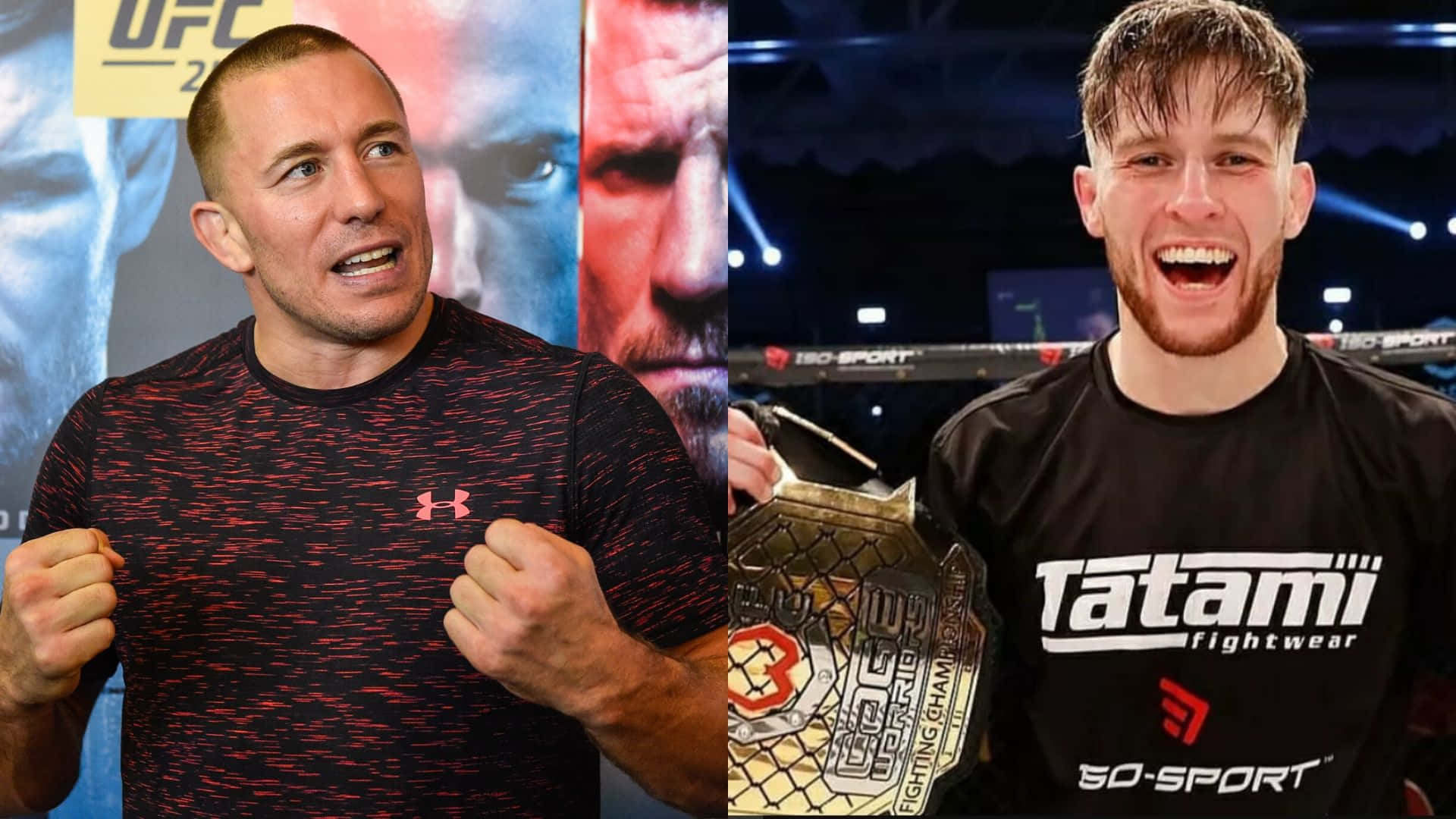 MMA 桌布 壁紙 — 兩名UFC拳手自信地擺姿勢，一人握拳，另一人在場館燈光下舉起冠軍腰帶。