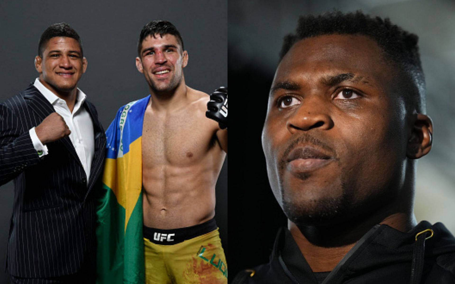UFC 桌布 壁紙 — 兩名UFC拳手自信地擺姿勢，一人身穿西裝，一人赤裸上身，巴西國旗披在肩上，旁邊是另一名拳手專注眼神的特寫。