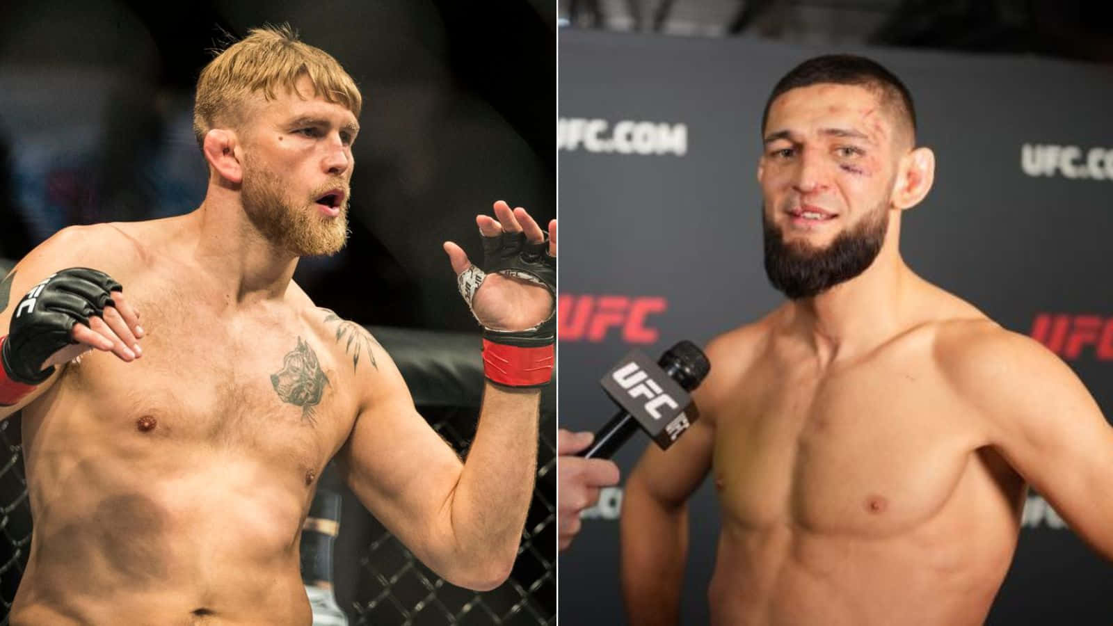 UFC 桌布 壁紙 — 兩名UFC拳手賽後，一人在八角籠內激烈地做手勢，另一人帶著瘀傷的臉微笑接受媒體採訪。